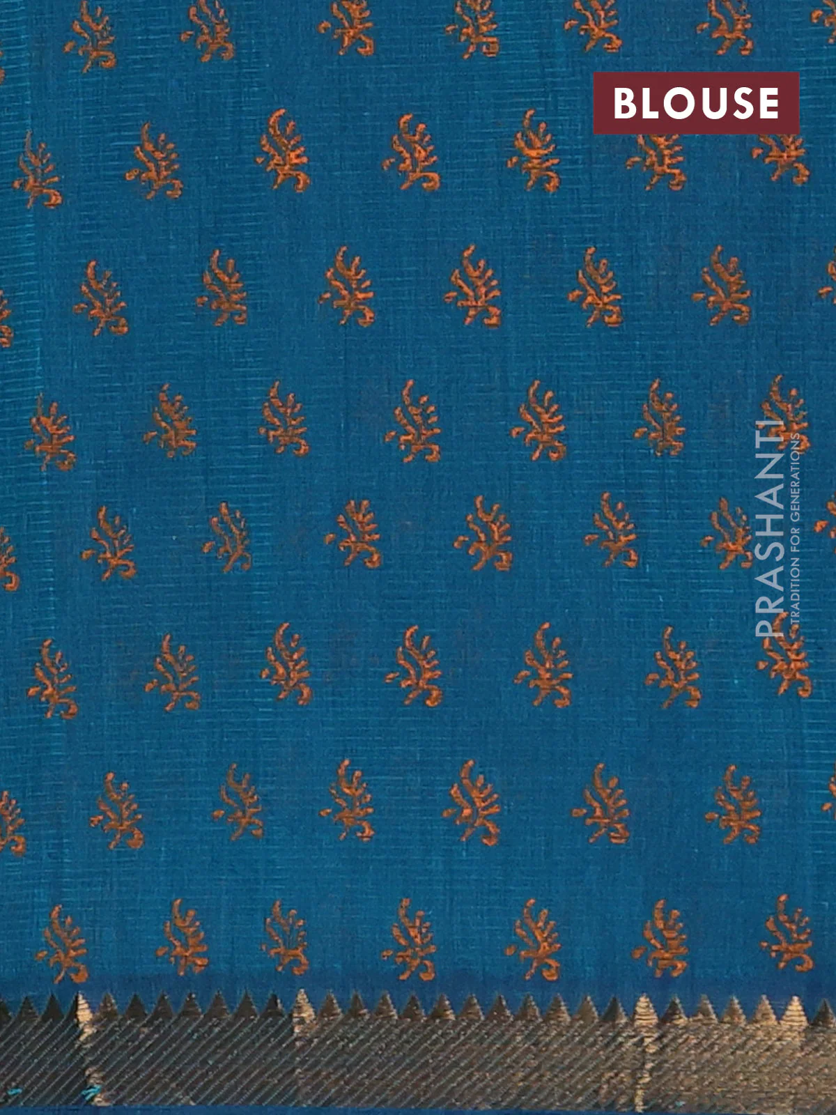 Mangalagiri cotton block printed saree peacock green with tree butta prints and mangalgiri border - Image 4