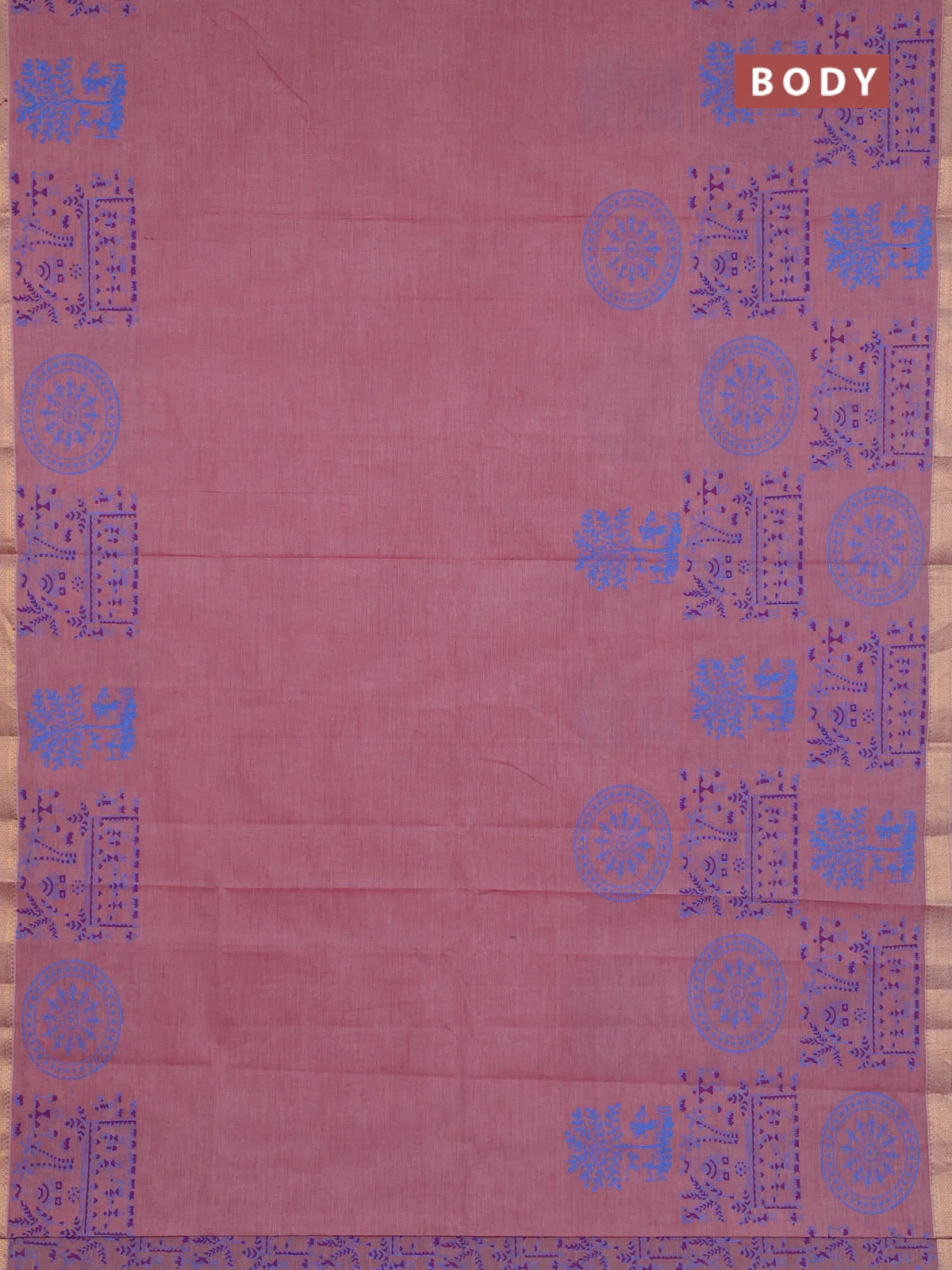 Mangalagiri cotton block printed saree pink shade with warli prints and mangalgiri border - Image 2