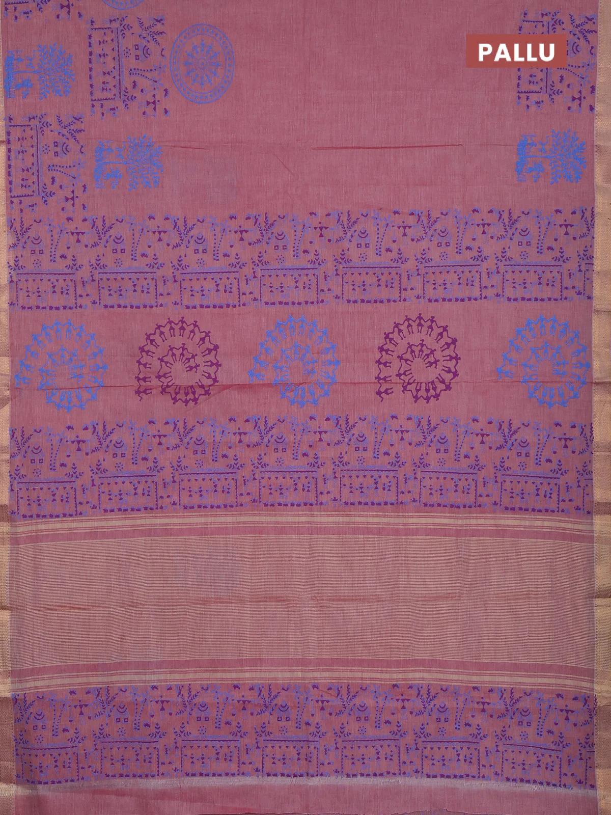 Mangalagiri cotton block printed saree pink shade with warli prints and mangalgiri border - Image 3
