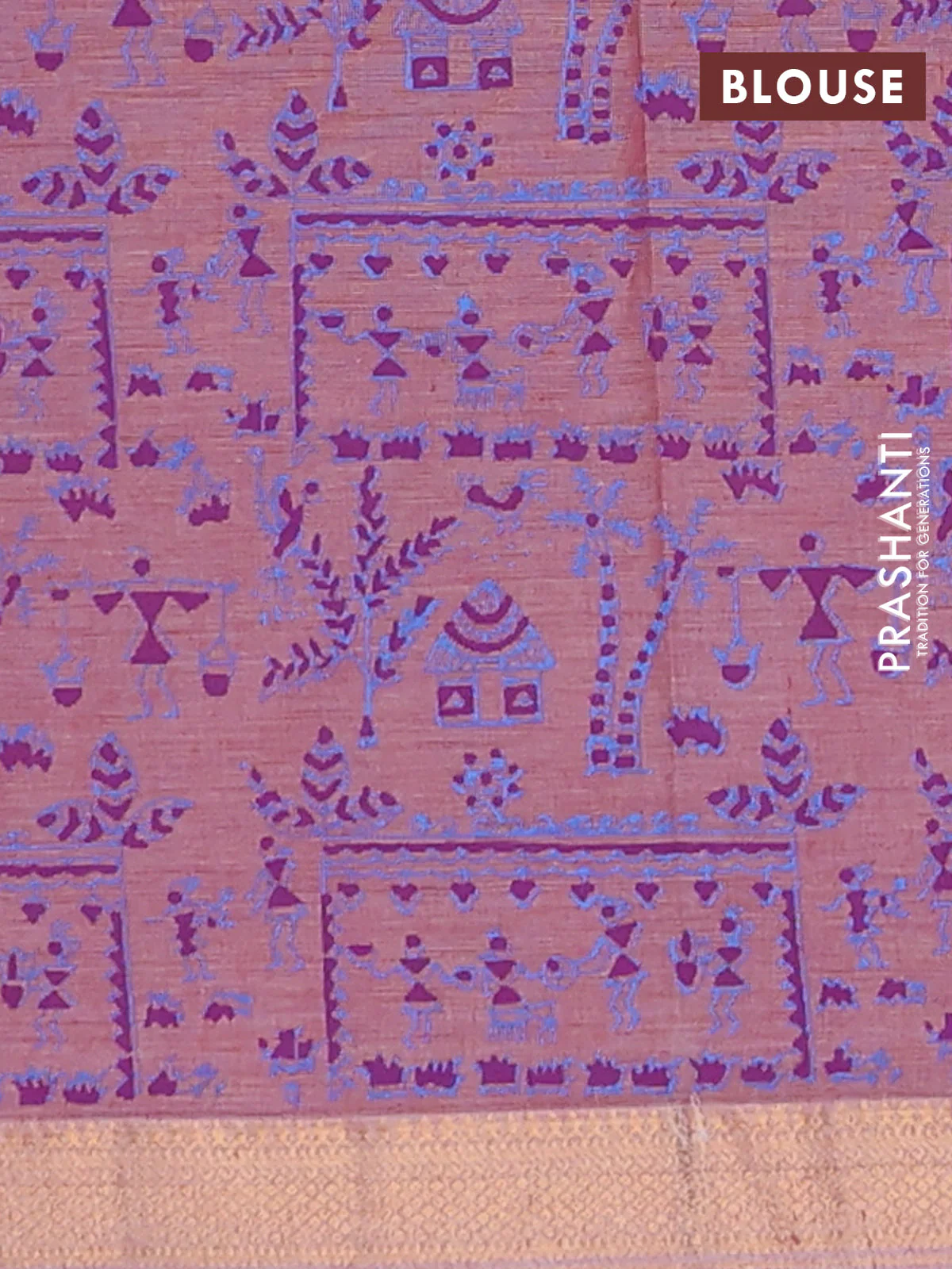 Mangalagiri cotton block printed saree pink shade with warli prints and mangalgiri border - Image 4