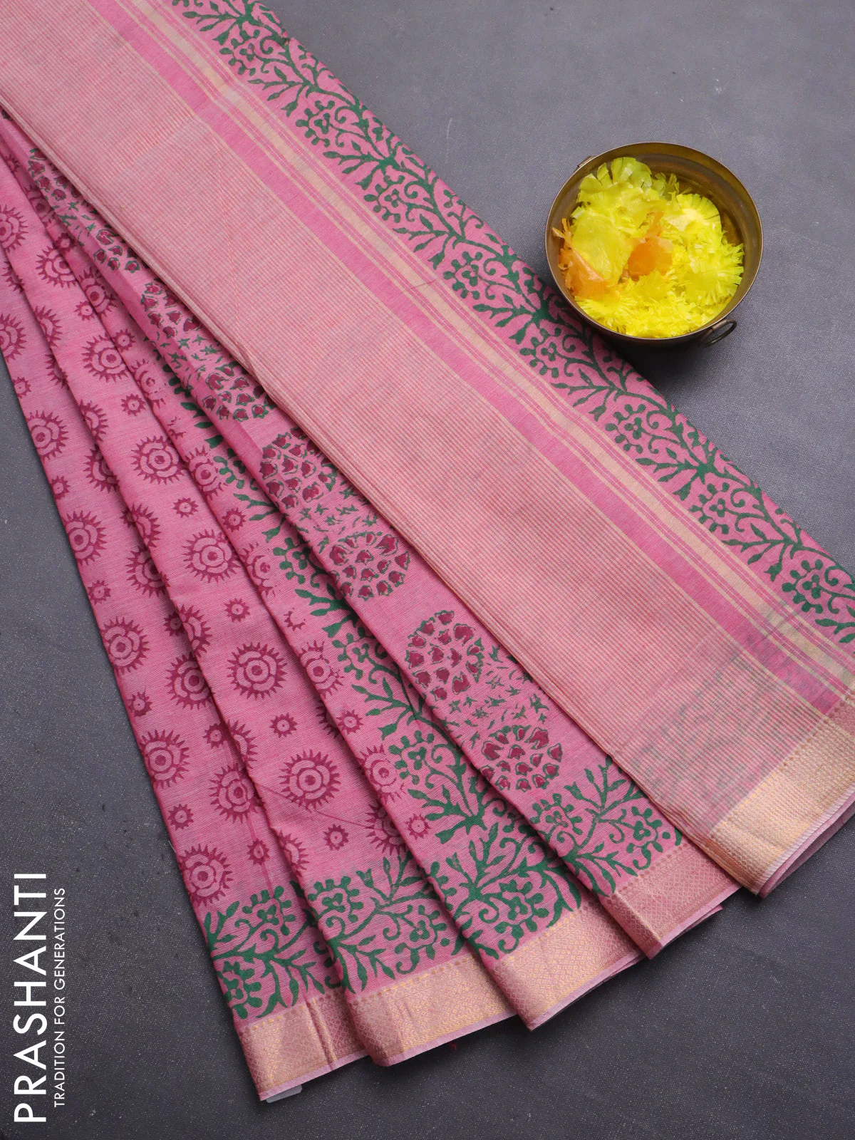 Mangalagiri cotton block printed saree pink with allover butta prints and mangalgiri border