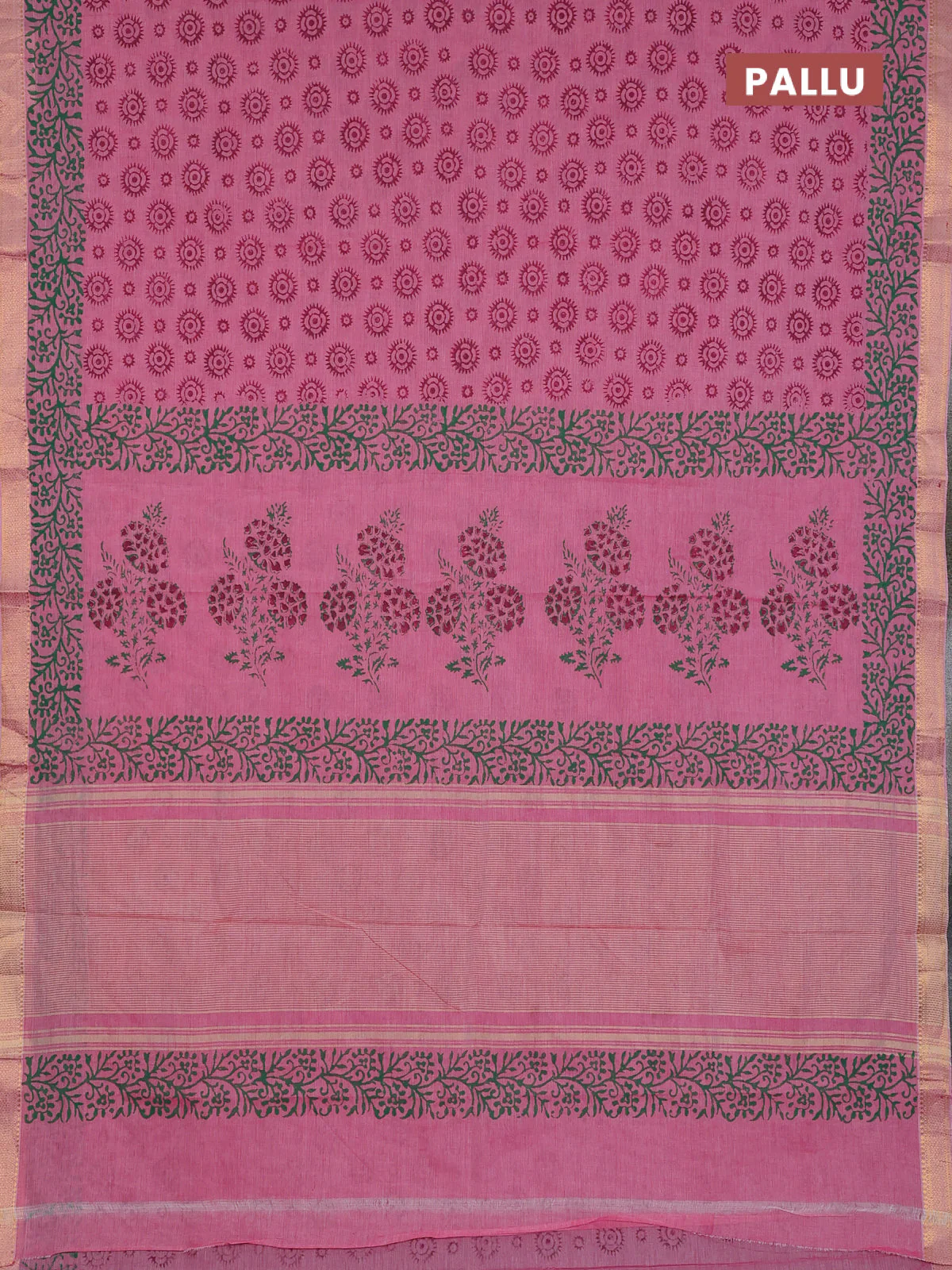 Mangalagiri cotton block printed saree pink with allover butta prints and mangalgiri border - Image 3