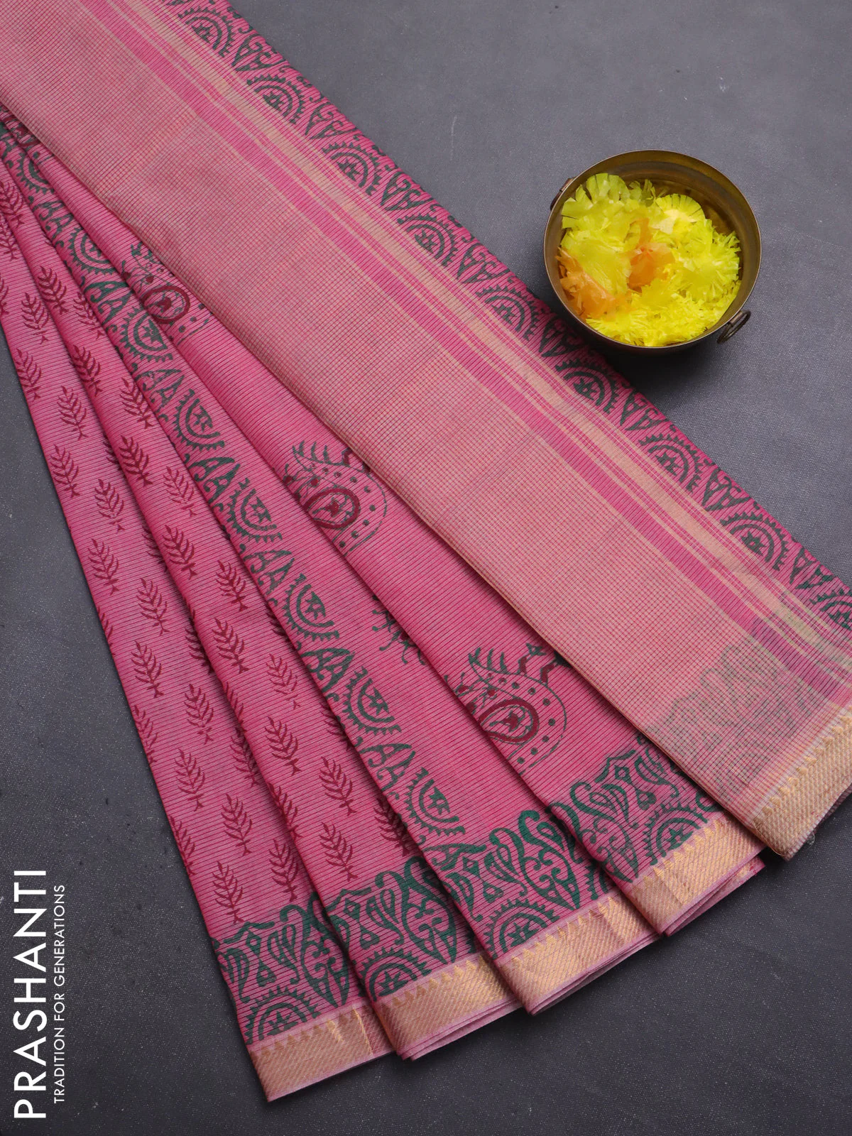 Mangalagiri cotton block printed saree pink with allover butta prints and mangalgiri border