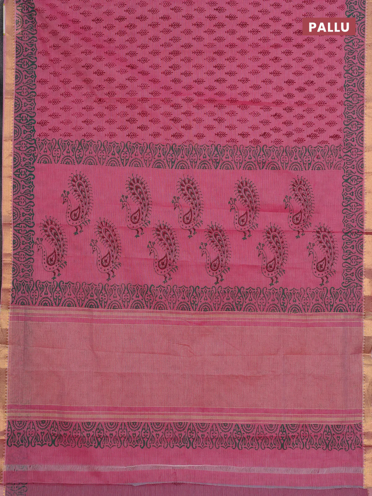 Mangalagiri cotton block printed saree pink with allover butta prints and mangalgiri border - Image 3