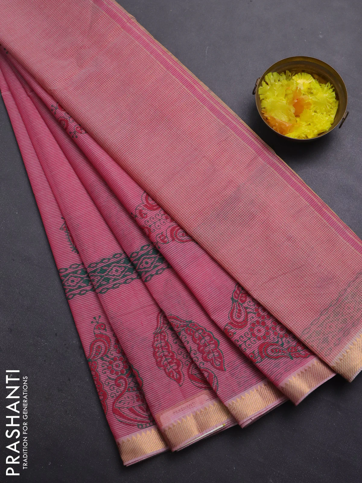 Mangalagiri cotton block printed saree pink with annam butta prints and mangalgiri border