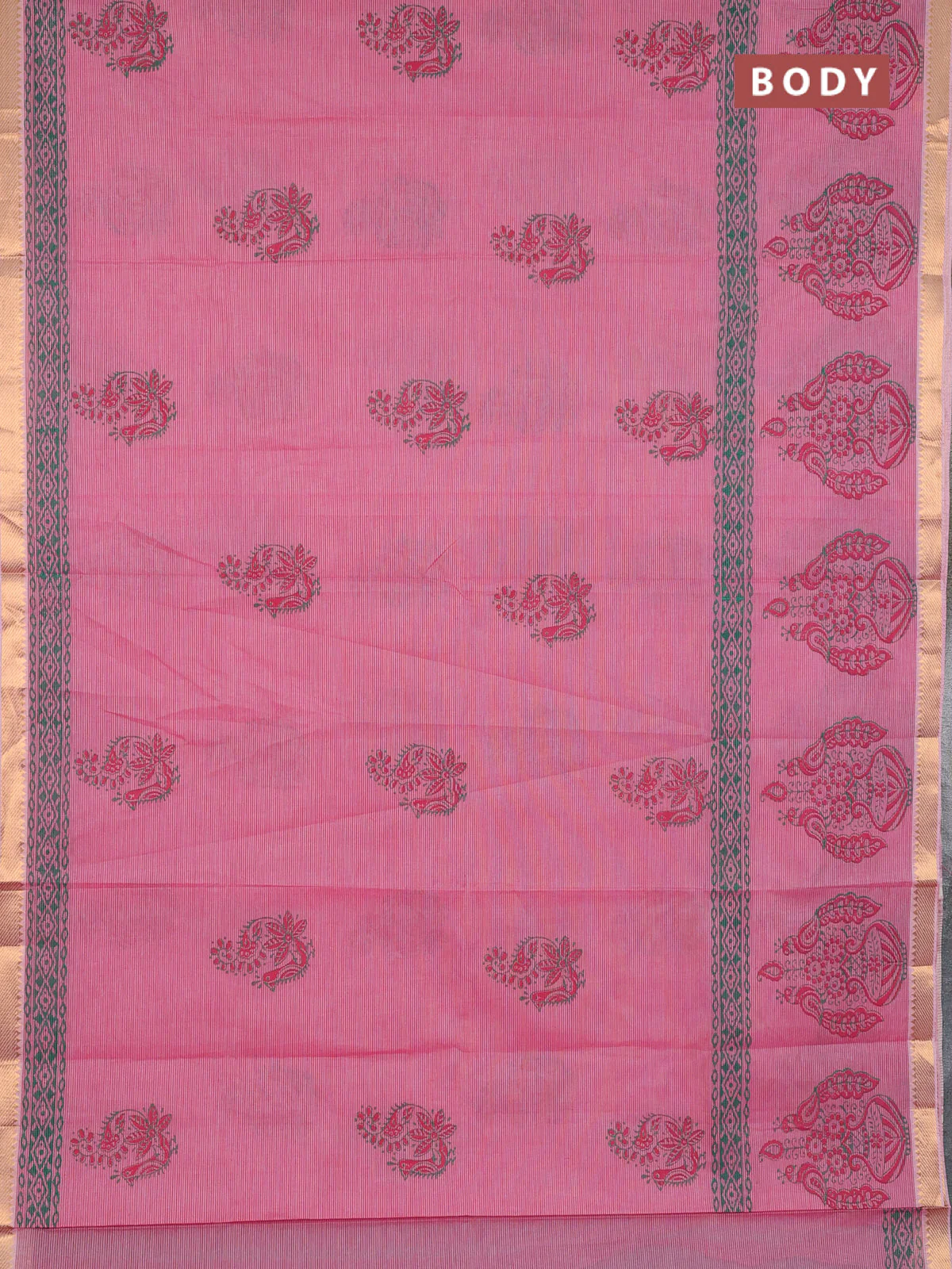 Mangalagiri cotton block printed saree pink with annam butta prints and mangalgiri border - Image 2