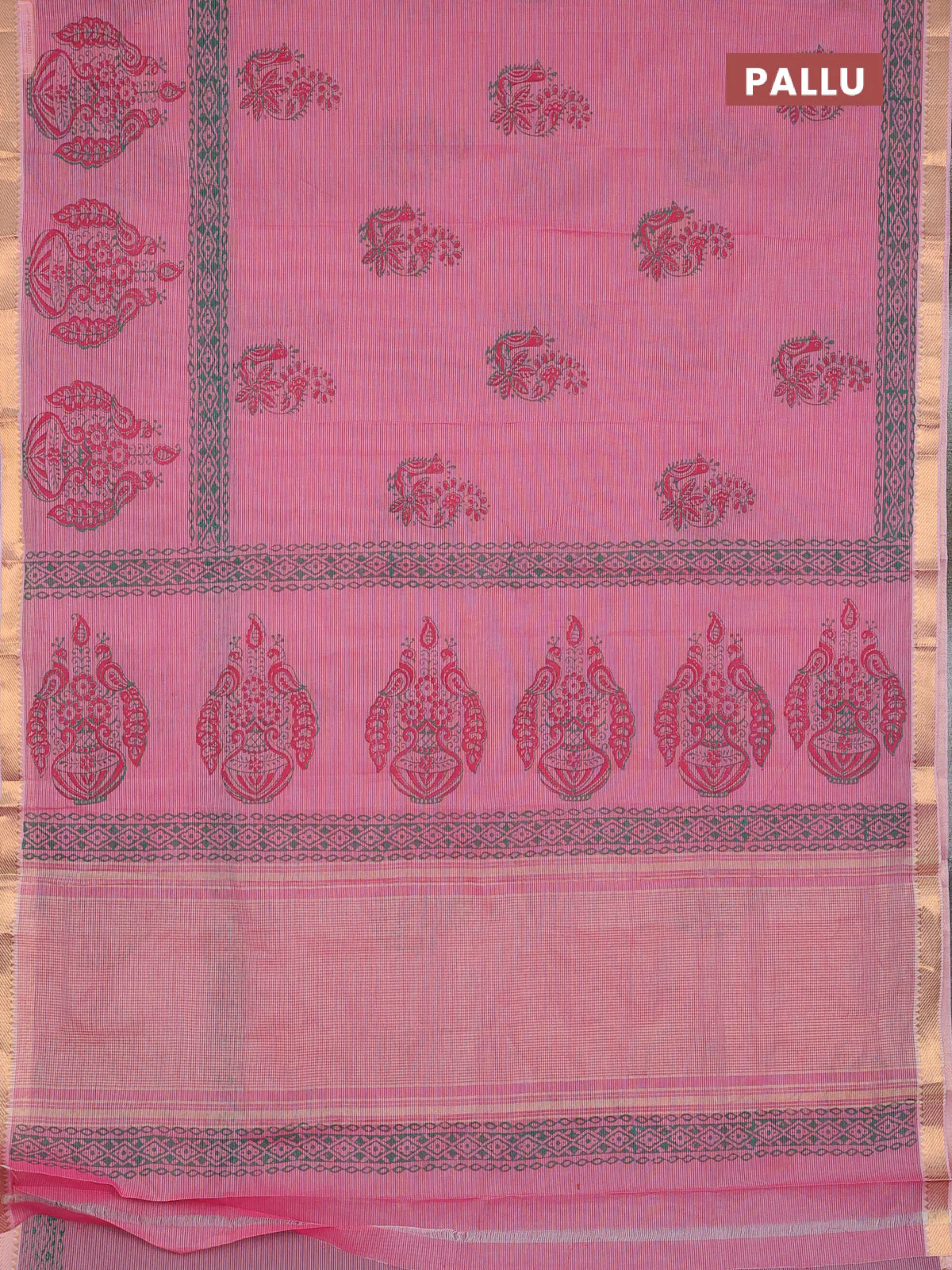 Mangalagiri cotton block printed saree pink with annam butta prints and mangalgiri border - Image 3