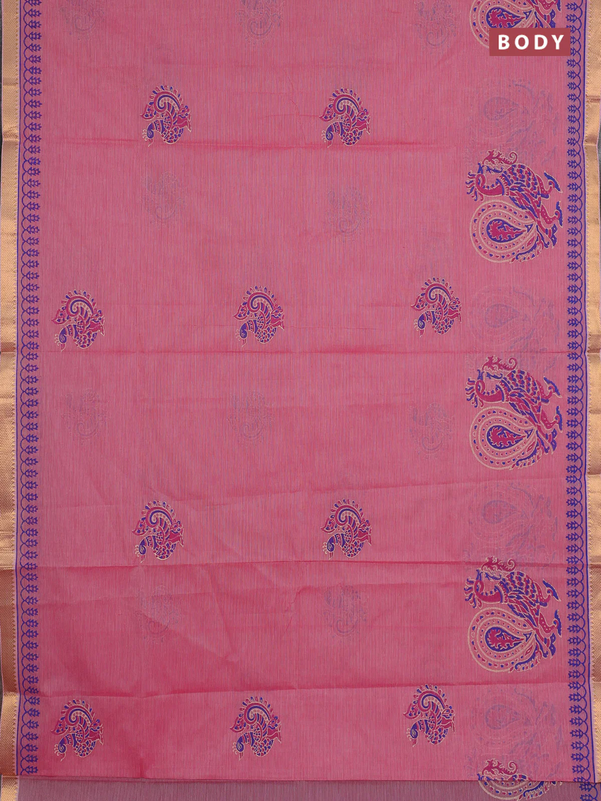 Mangalagiri cotton block printed saree pink with annam butta prints and mangalgiri border - Image 2
