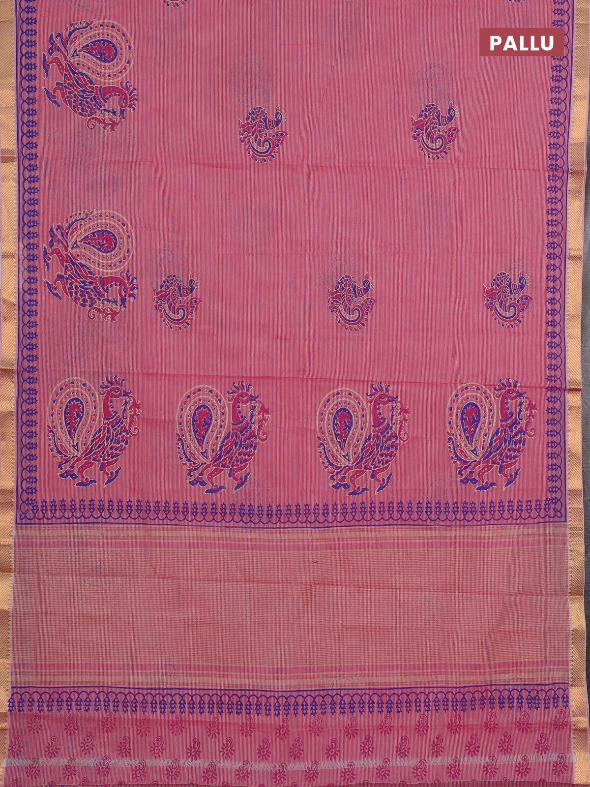 Mangalagiri cotton block printed saree pink with annam butta prints and mangalgiri border - Image 3
