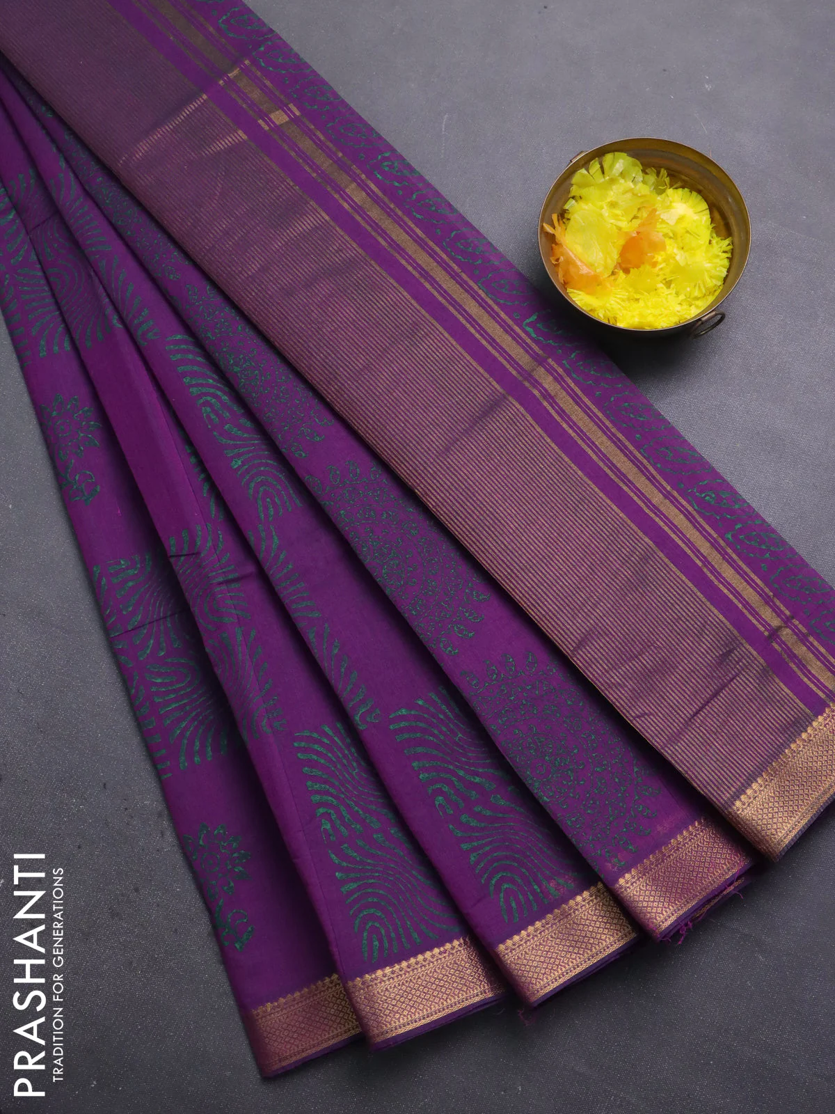 Mangalagiri cotton block printed saree purple and wtih allover butta prints and mangalgiri border