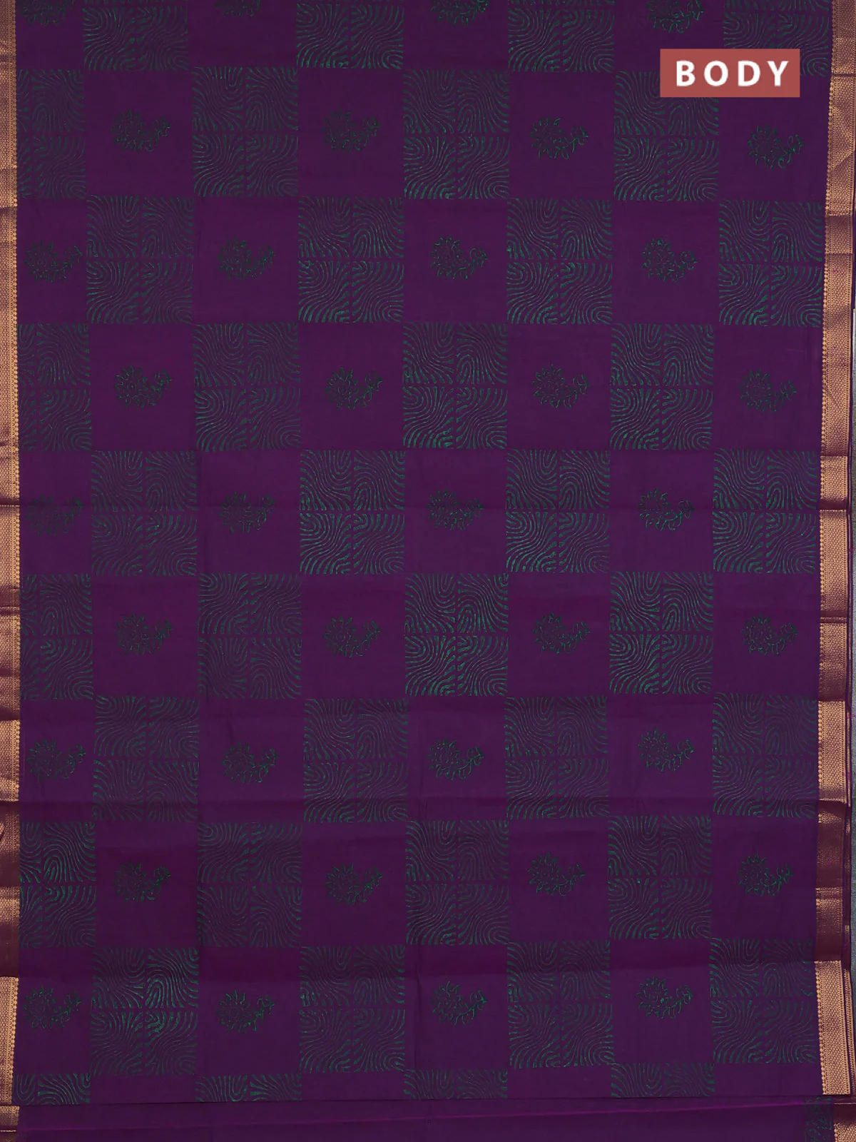 Mangalagiri cotton block printed saree purple and wtih allover butta prints and mangalgiri border - Image 2