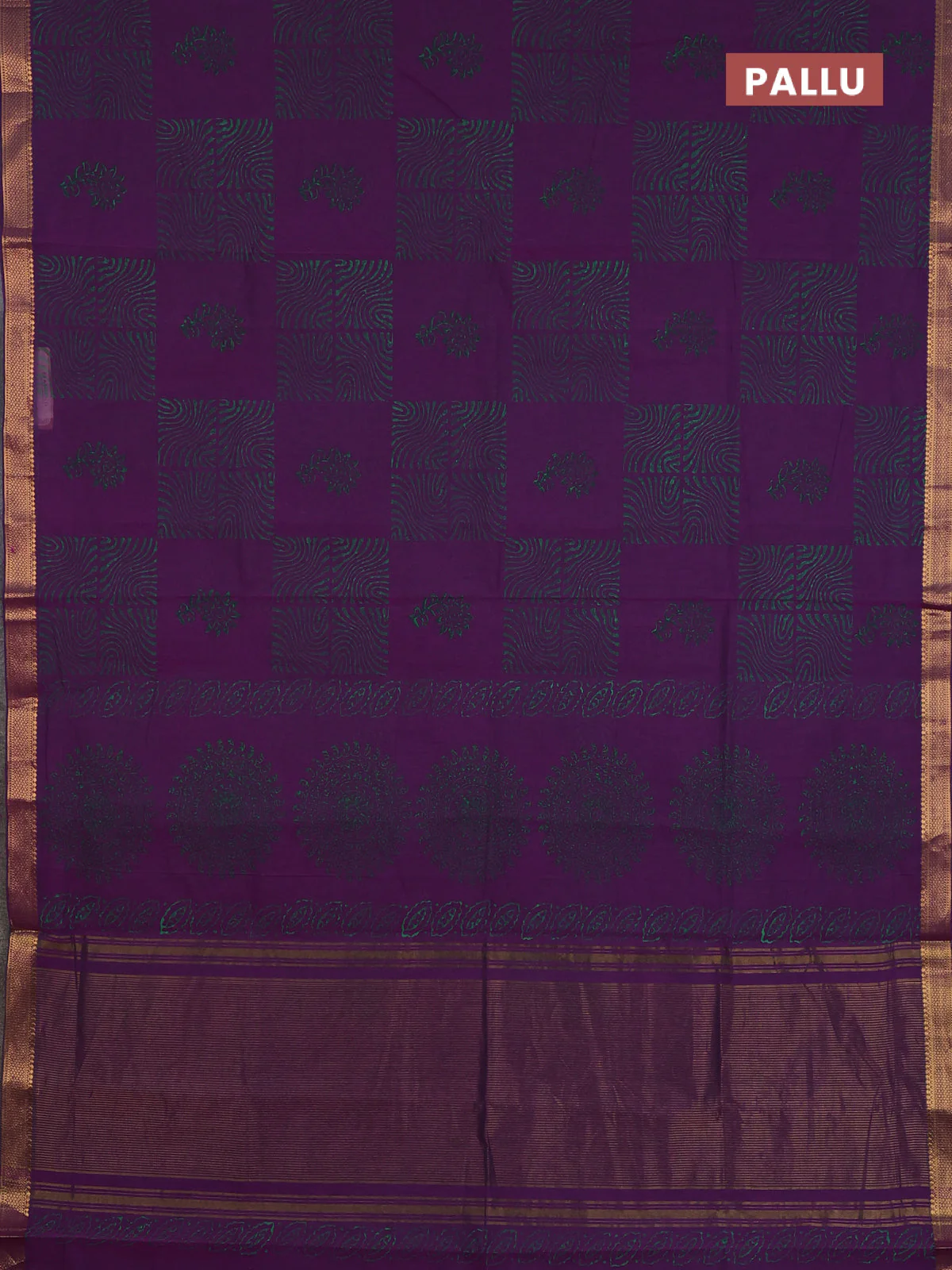 Mangalagiri cotton block printed saree purple and wtih allover butta prints and mangalgiri border - Image 3