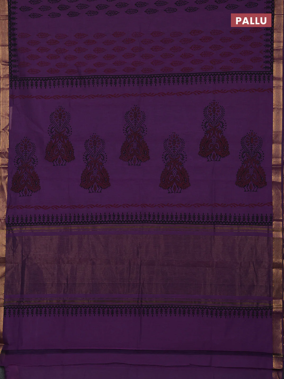 Mangalagiri cotton block printed saree purple with allover butta prints and mangalgiri border - Image 3