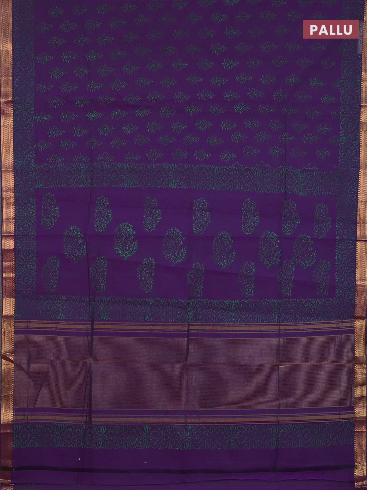 Mangalagiri cotton block printed saree purple with allover butta prints and mangalgiri border - Image 3