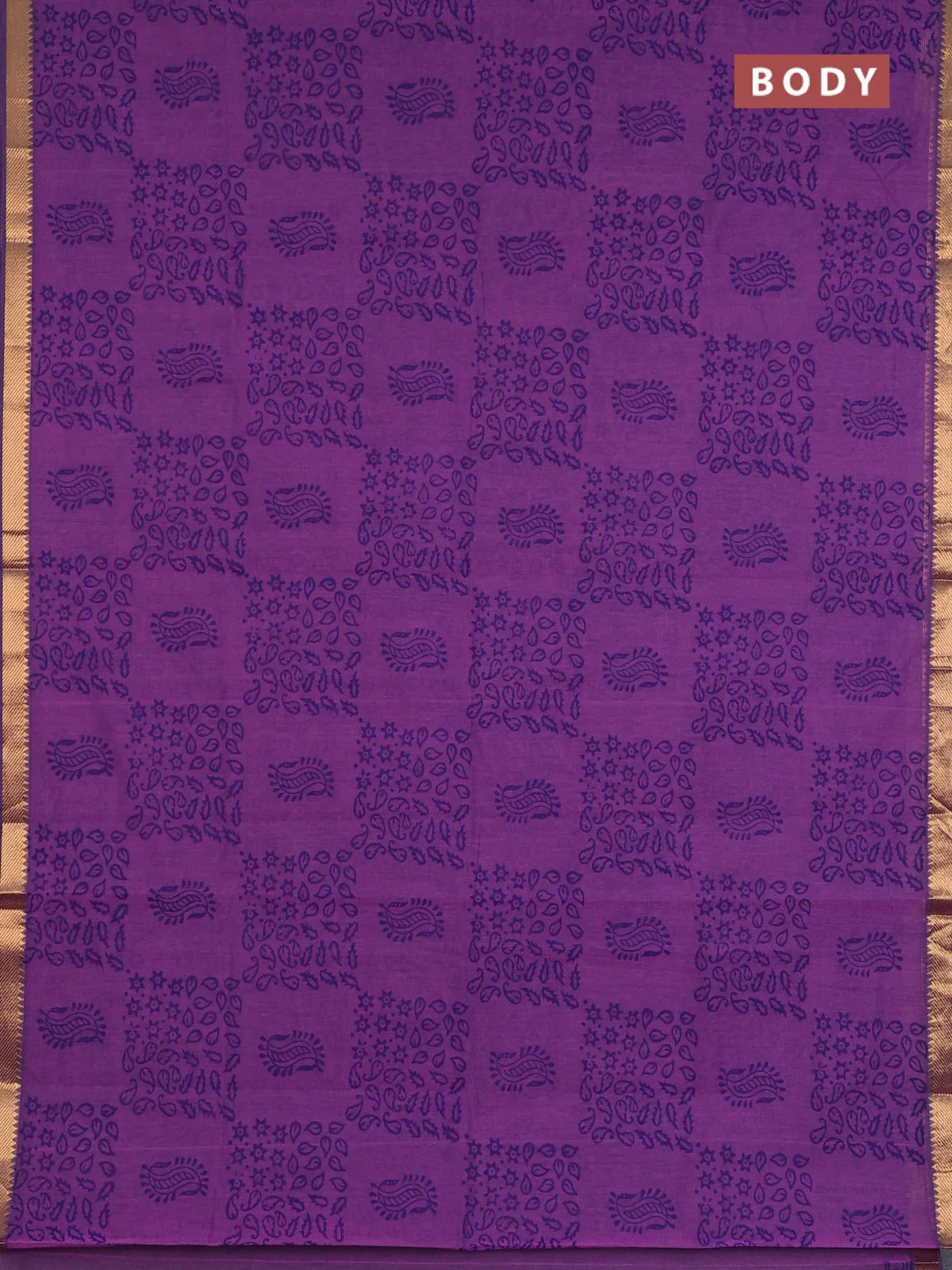 Mangalagiri cotton block printed saree purple with allover prints and mangalgiri border - Image 2