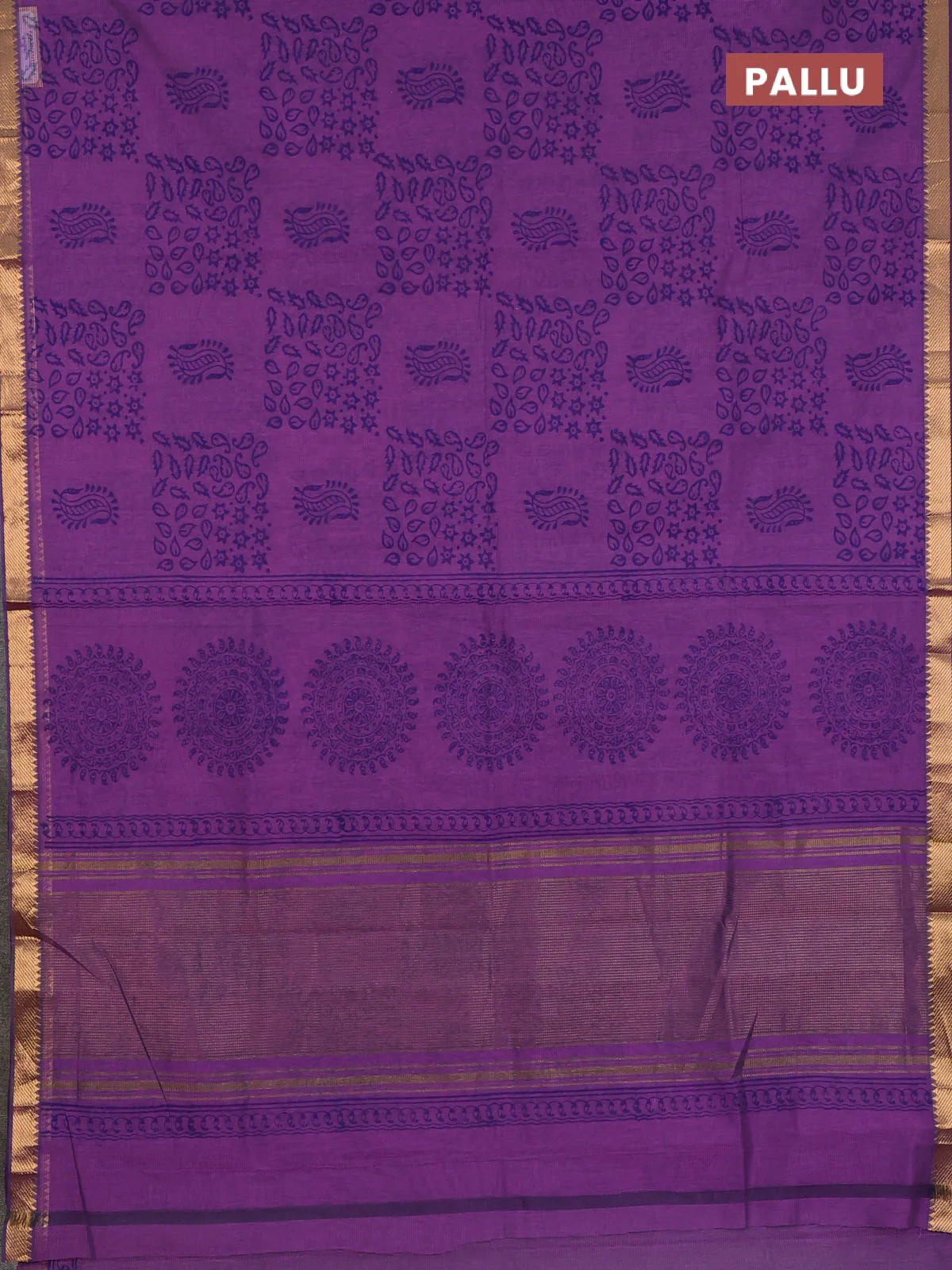 Mangalagiri cotton block printed saree purple with allover prints and mangalgiri border - Image 3