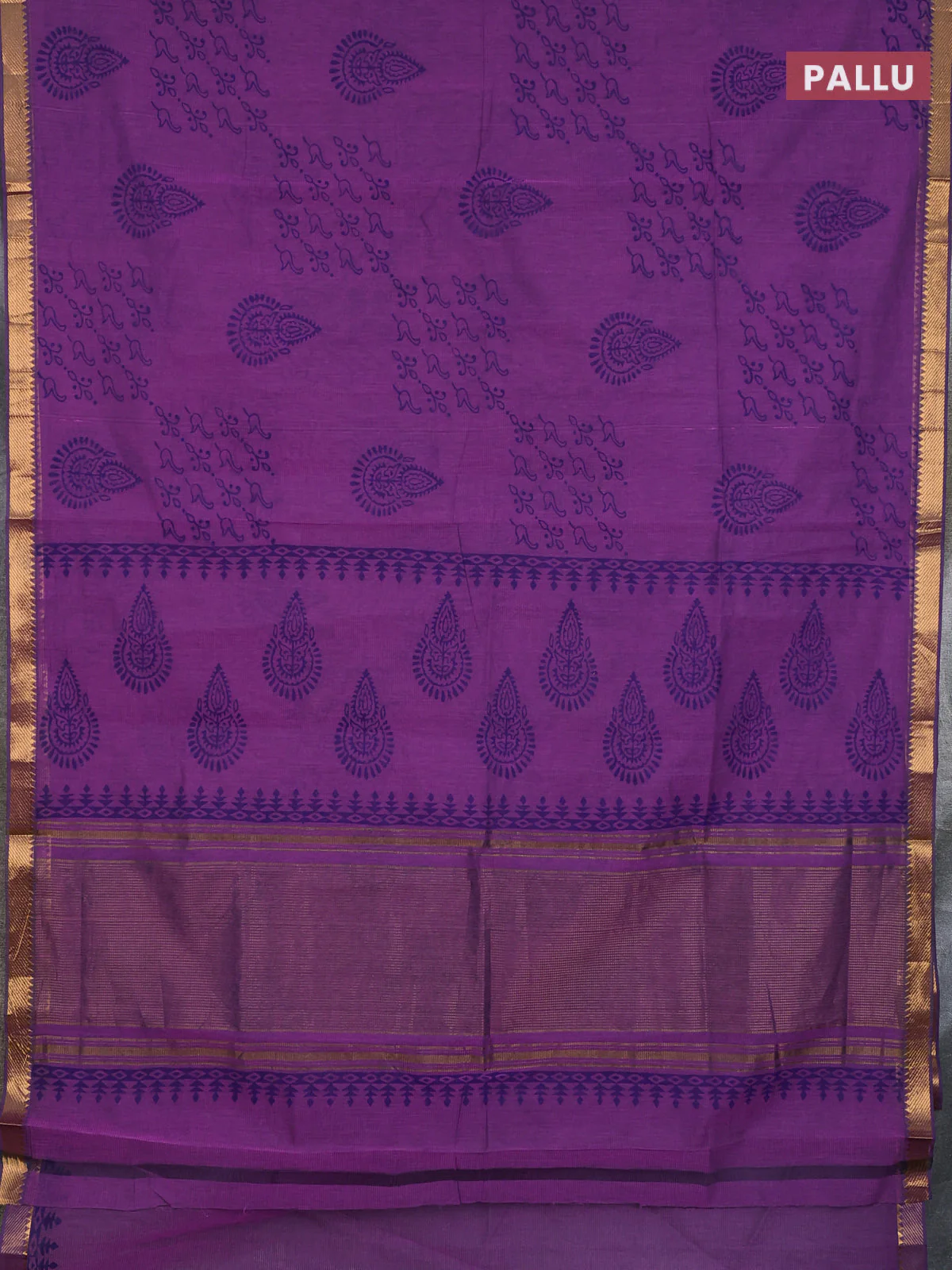 Mangalagiri cotton block printed saree purple with allover prints and mangalgiri border - Image 3