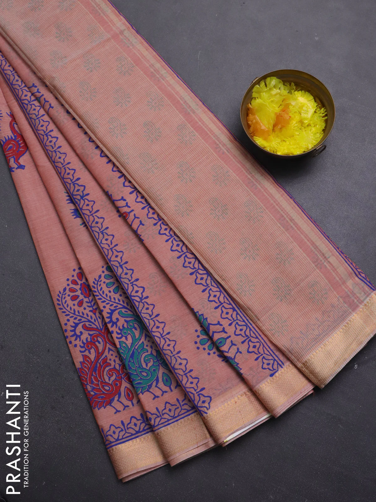 Mangalagiri cotton block printed saree rust shade with butta prints and mangalgiri border