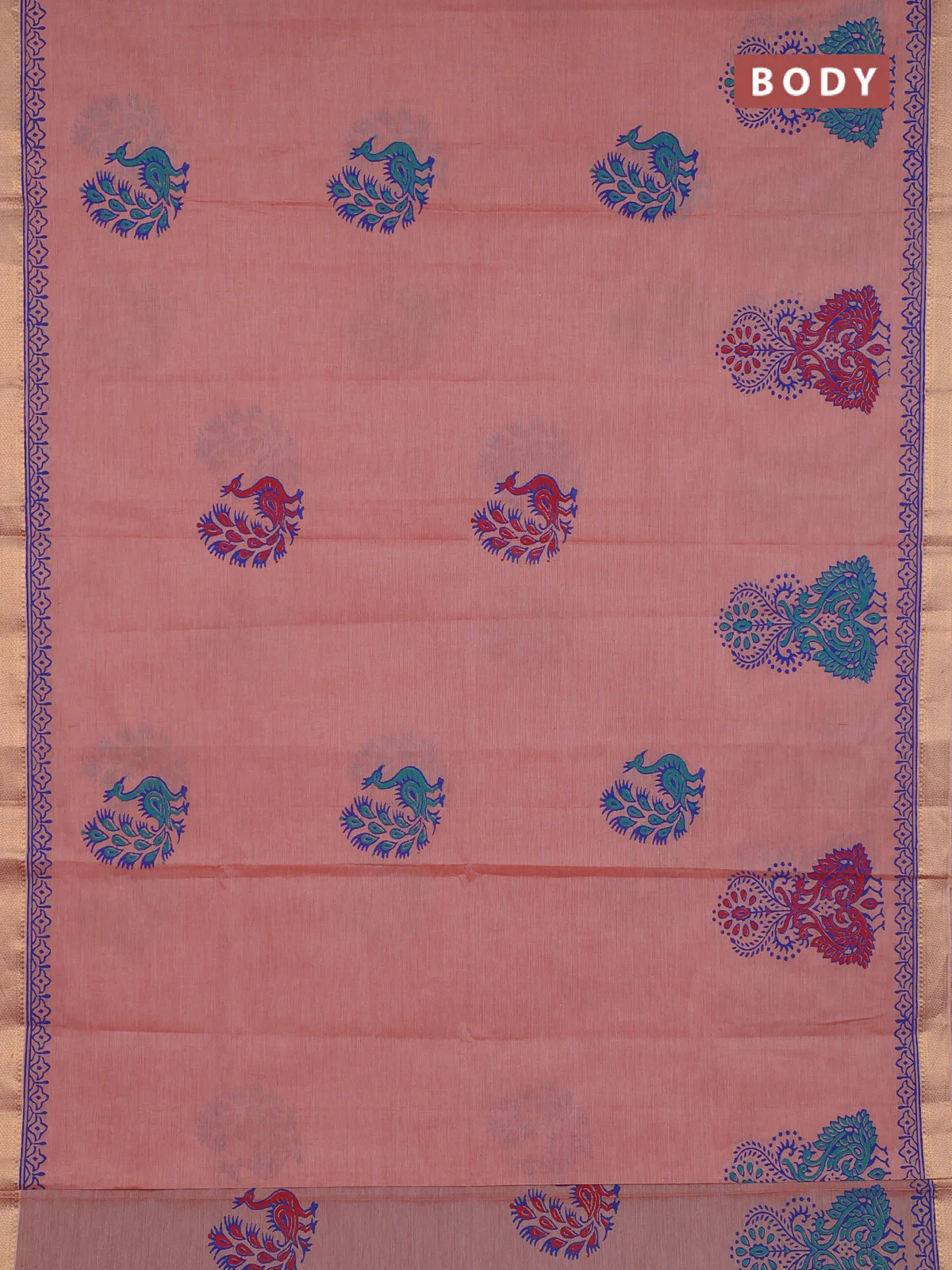 Mangalagiri cotton block printed saree rust shade with butta prints and mangalgiri border - Image 2