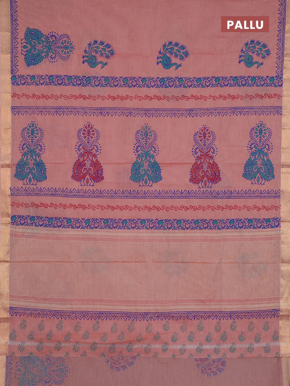 Mangalagiri cotton block printed saree rust shade with butta prints and mangalgiri border - Image 3