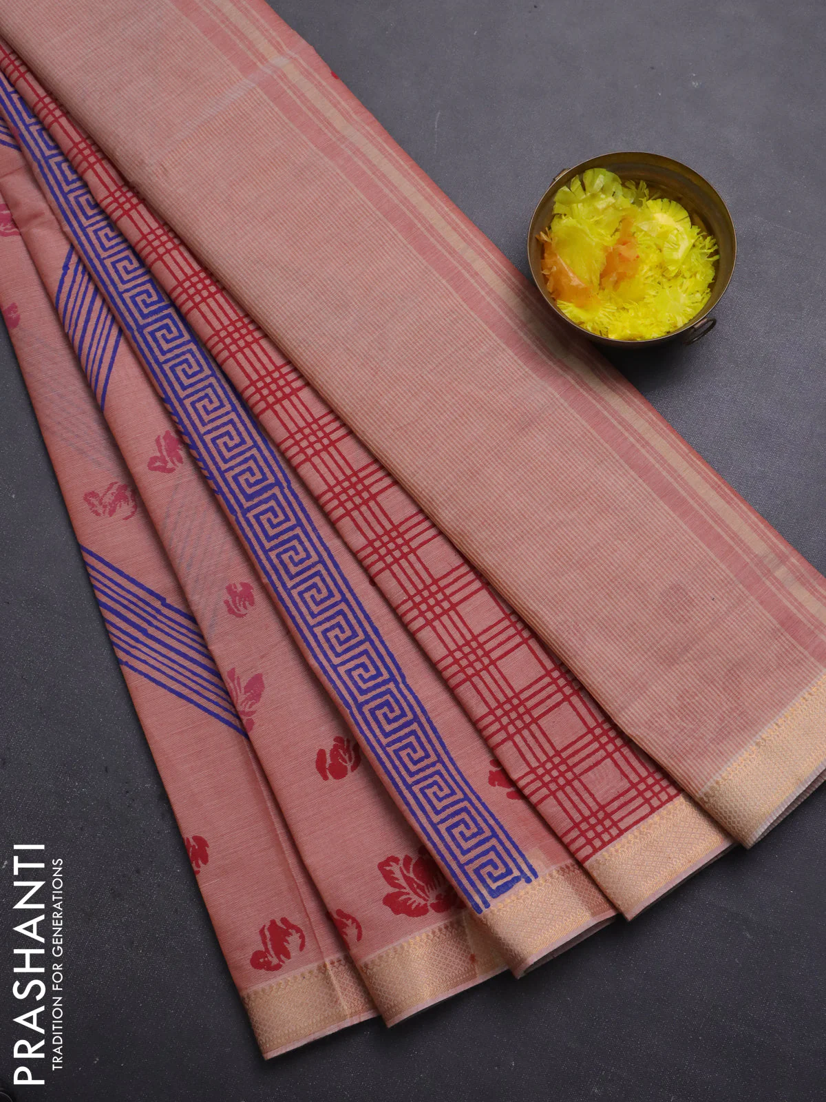 Mangalagiri cotton block printed saree rust shade with butta prints and mangalgiri border