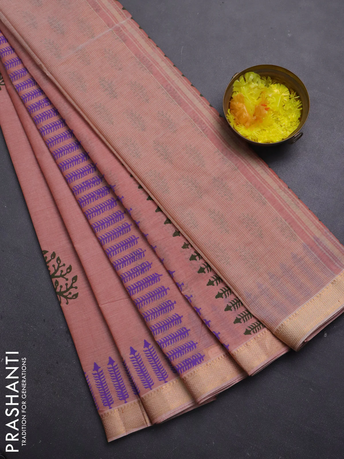 Mangalagiri cotton block printed saree rust shade with tree butta prints and mangalgiri border