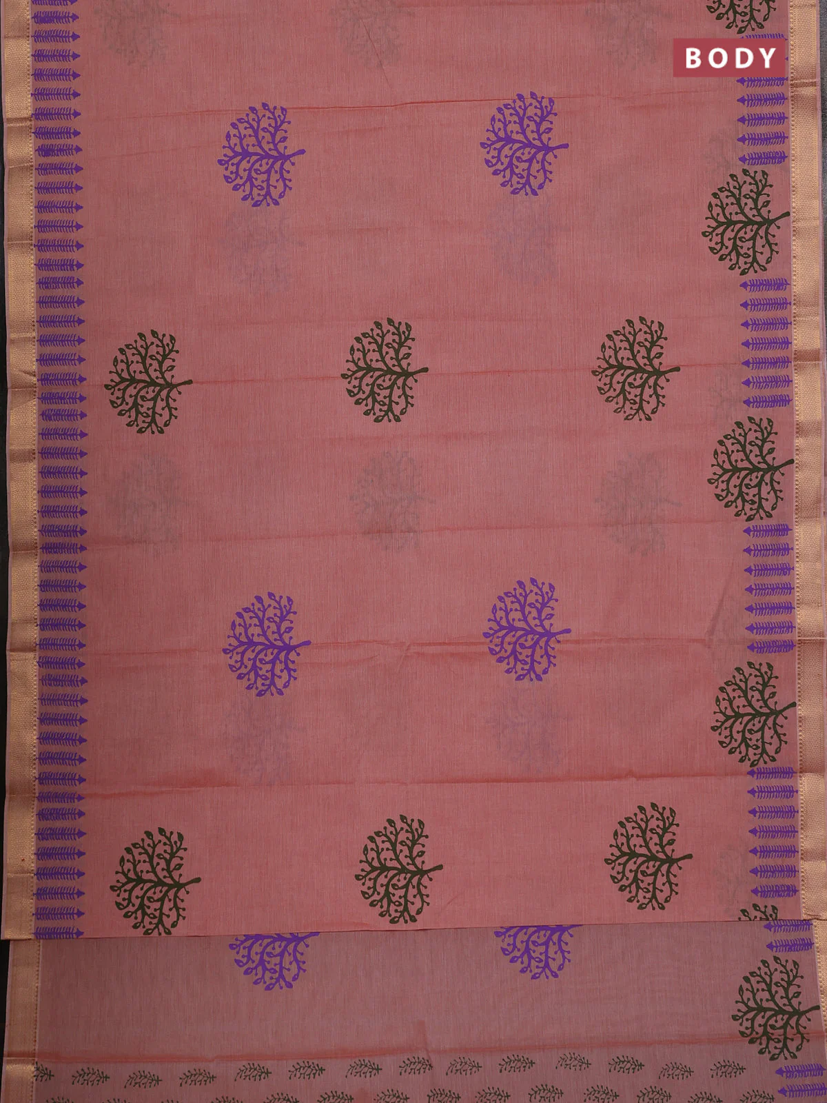 Mangalagiri cotton block printed saree rust shade with tree butta prints and mangalgiri border - Image 2