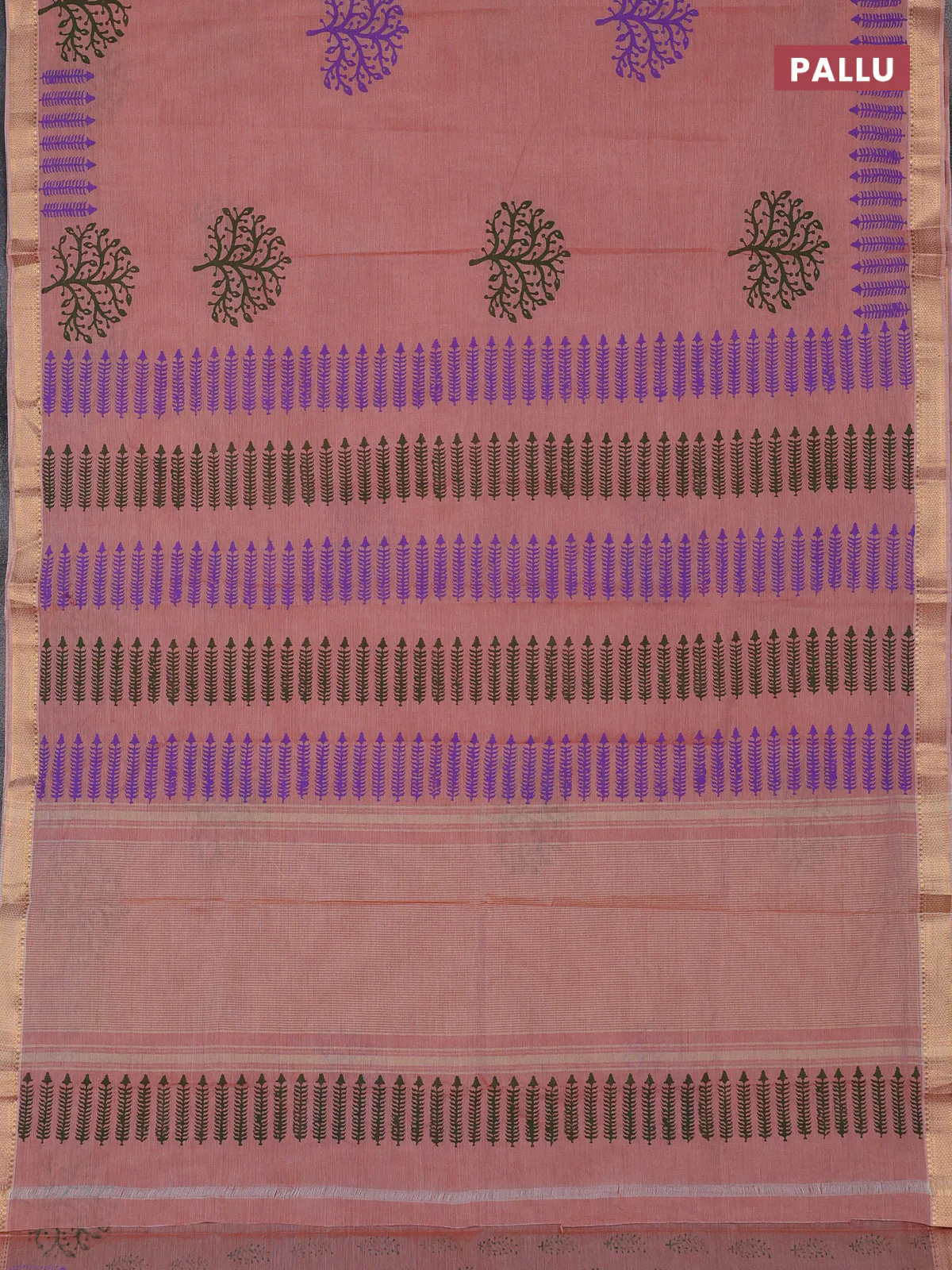 Mangalagiri cotton block printed saree rust shade with tree butta prints and mangalgiri border - Image 3