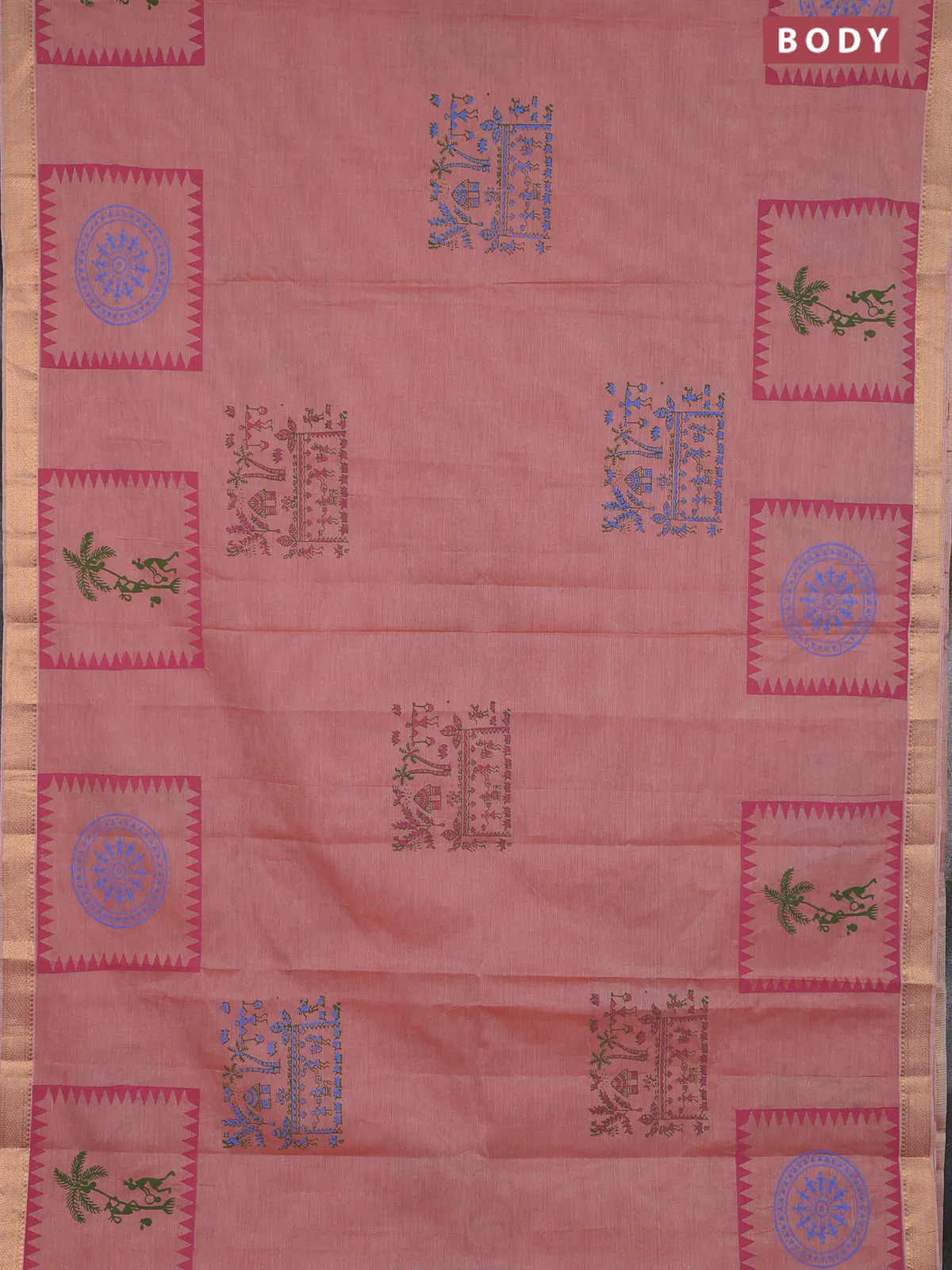 Mangalagiri cotton block printed saree rust shade with warli butta prints and mangalgiri border - Image 2