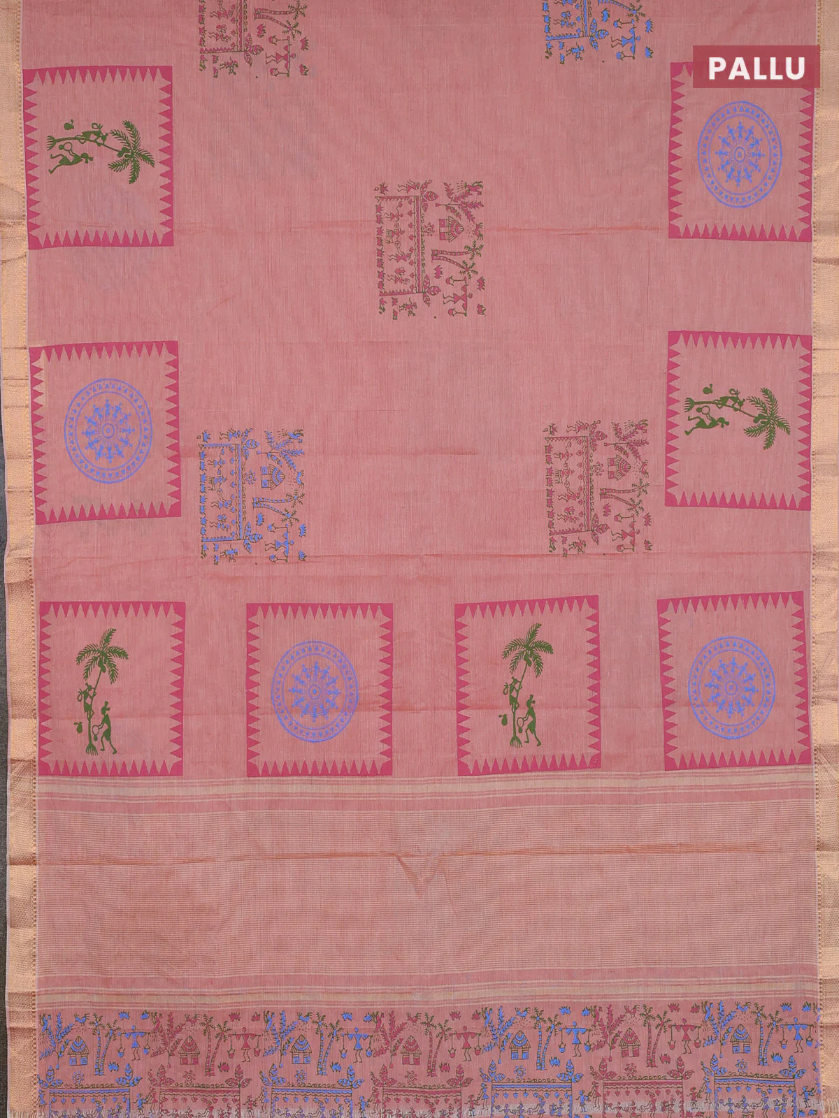 Mangalagiri cotton block printed saree rust shade with warli butta prints and mangalgiri border - Image 3