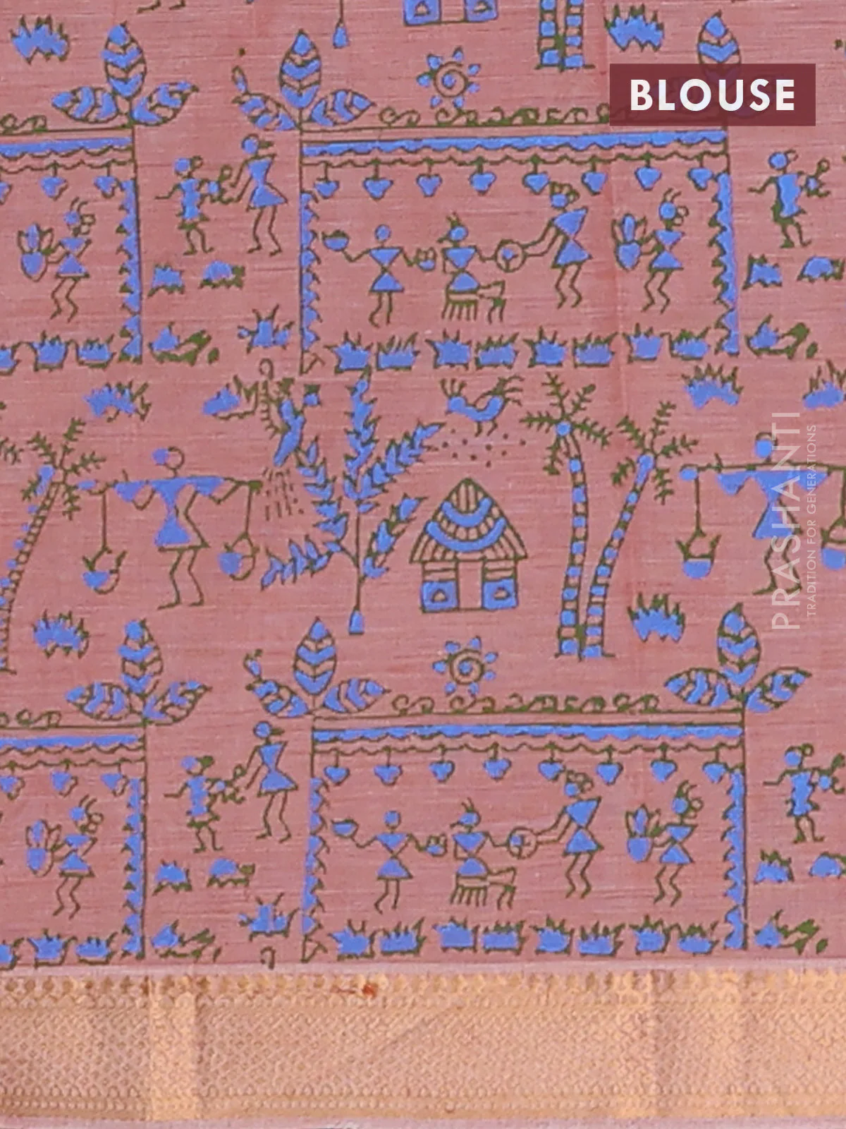 Mangalagiri cotton block printed saree rust shade with warli butta prints and mangalgiri border - Image 4