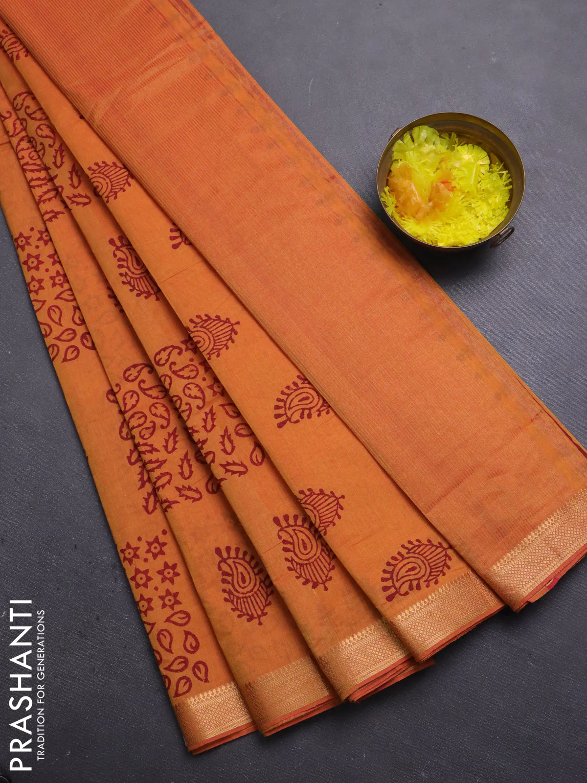 Mangalagiri cotton block printed saree sunset oarnge with allover butta prints and mangalgiri border