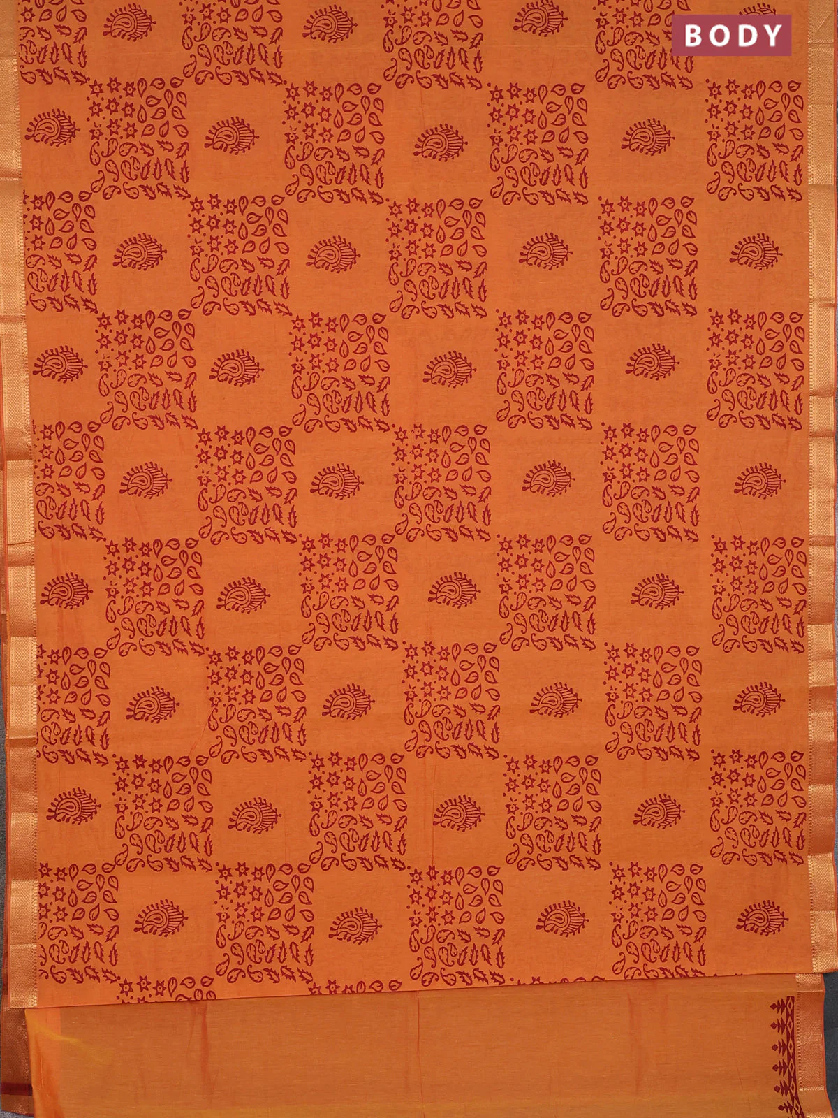 Mangalagiri cotton block printed saree sunset oarnge with allover butta prints and mangalgiri border - Image 2