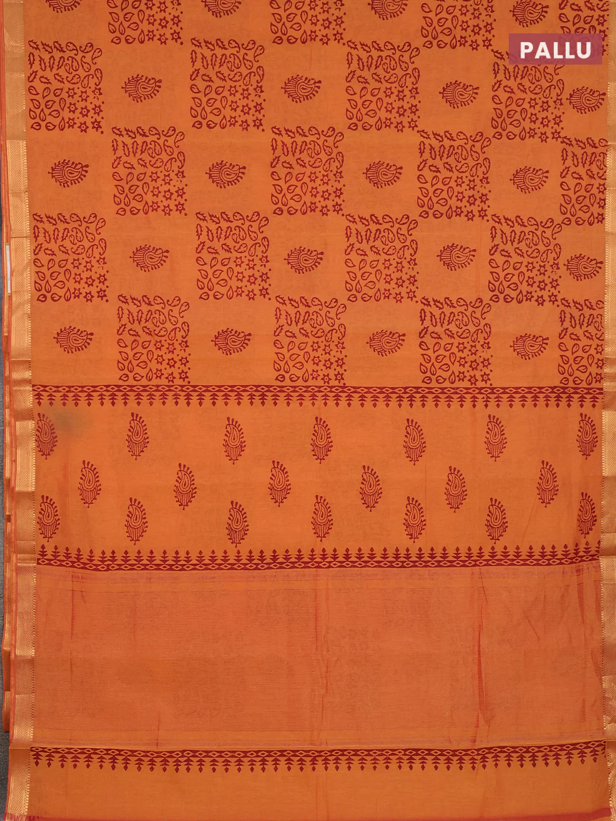 Mangalagiri cotton block printed saree sunset oarnge with allover butta prints and mangalgiri border - Image 3