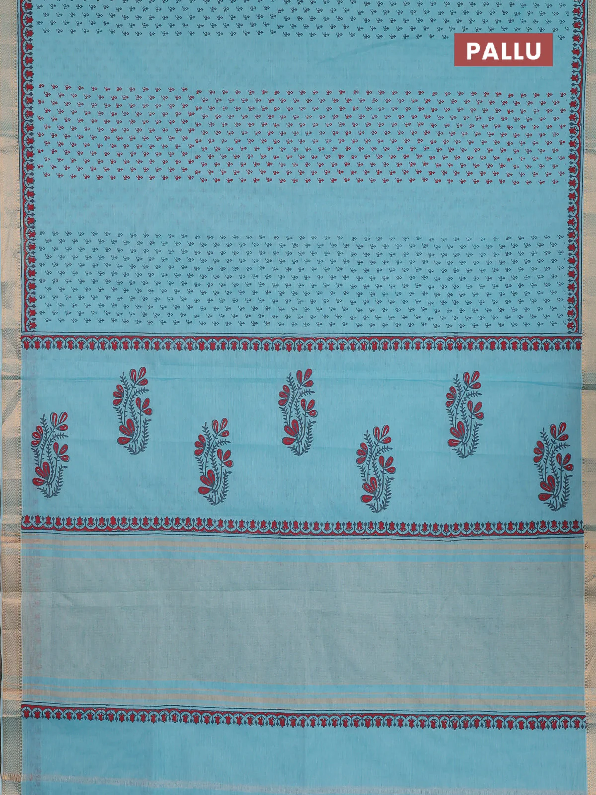 Mangalagiri cotton block printed saree teal blue with allover butta prints and mangalgiri border - Image 3