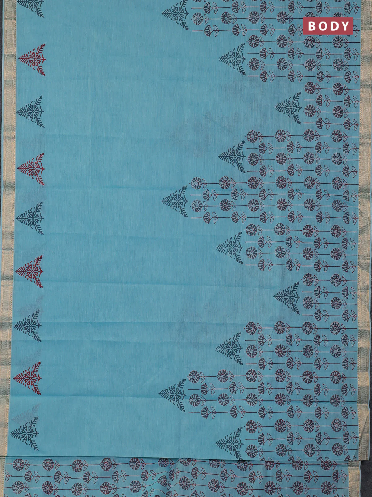 Mangalagiri cotton block printed saree teal blue with butta prints and mangalgiri border - Image 2