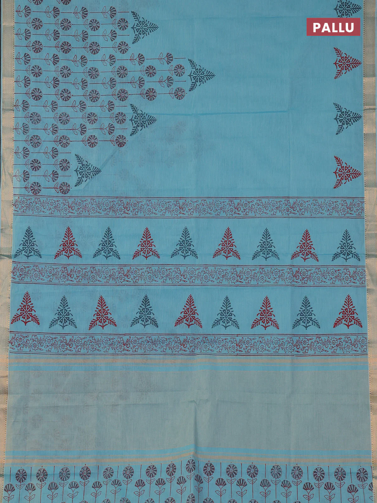 Mangalagiri cotton block printed saree teal blue with butta prints and mangalgiri border - Image 3