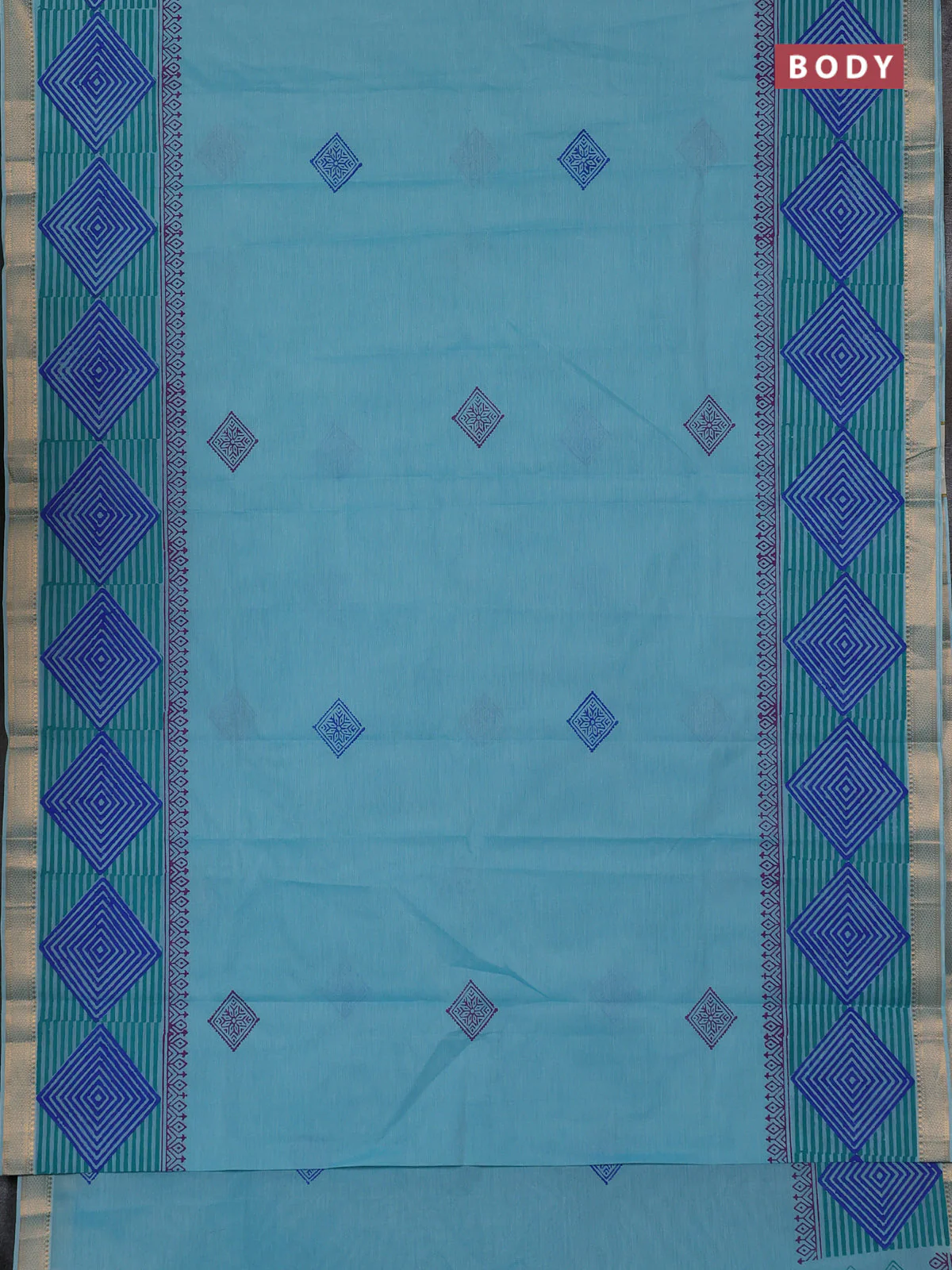 Mangalagiri cotton block printed saree teal blue with butta prints and mangalgiri border - Image 2
