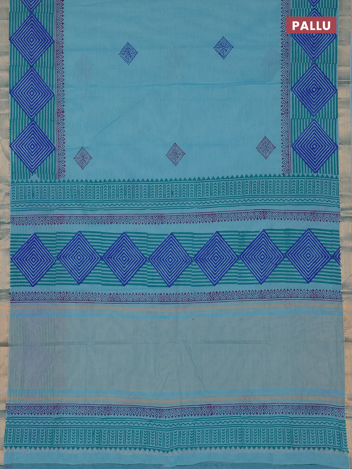Mangalagiri cotton block printed saree teal blue with butta prints and mangalgiri border - Image 3