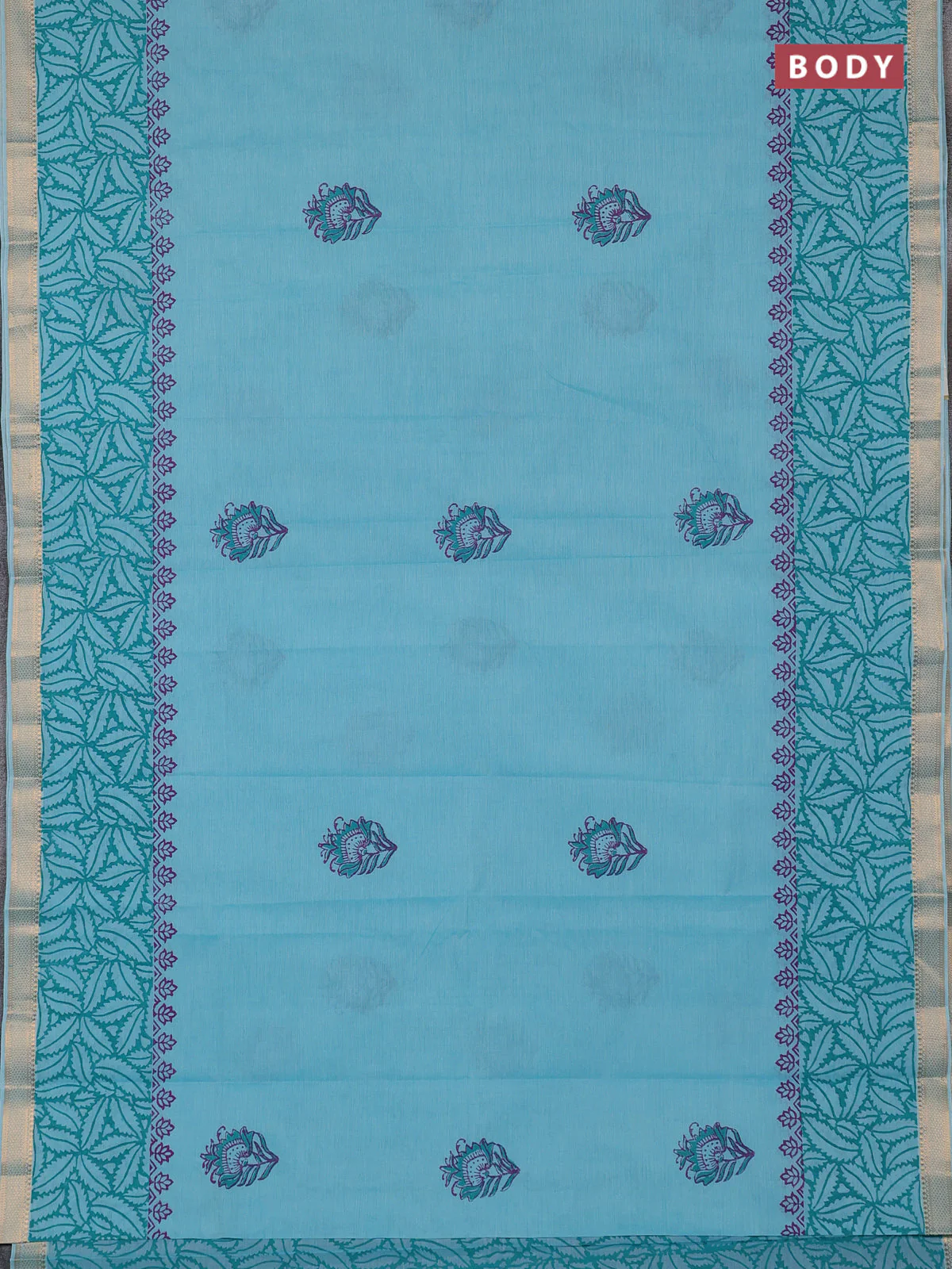 Mangalagiri cotton block printed saree teal blue with butta prints and mangalgiri border - Image 2