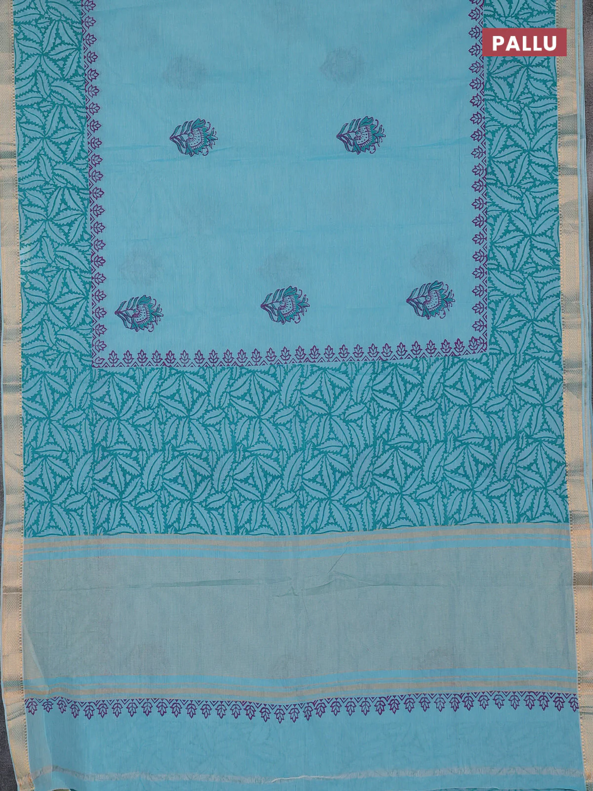 Mangalagiri cotton block printed saree teal blue with butta prints and mangalgiri border - Image 3