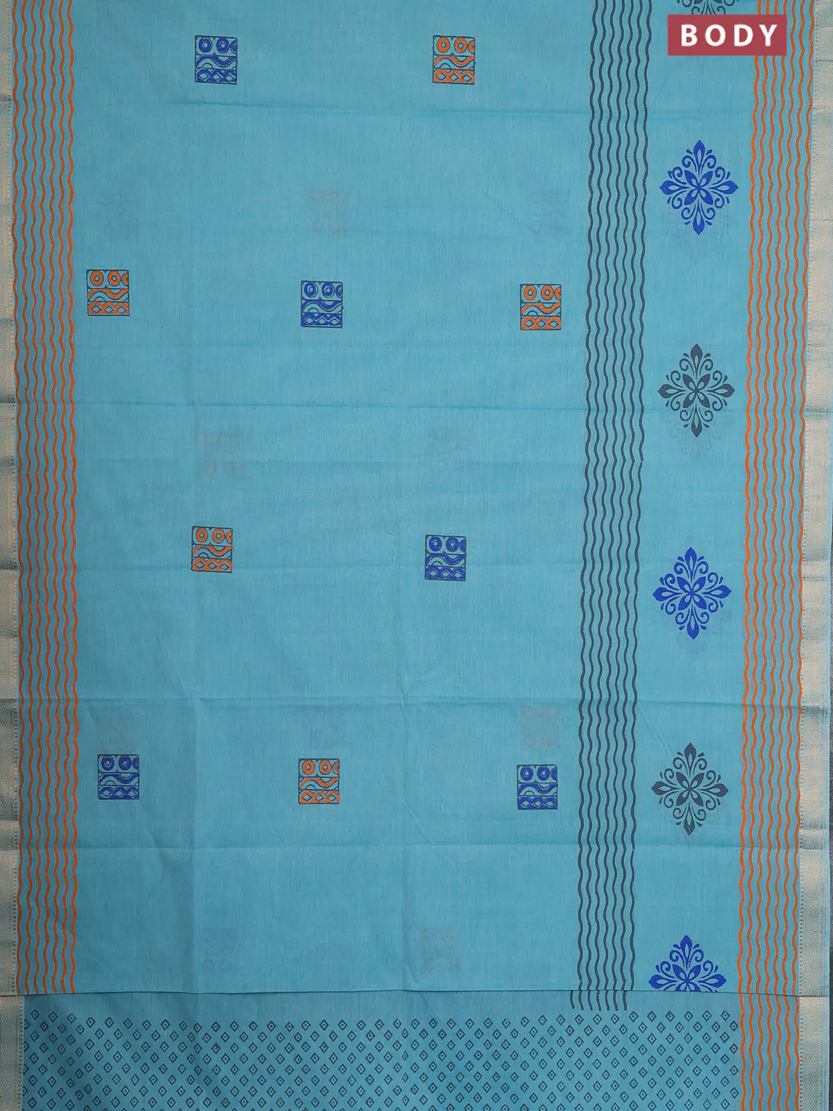 Mangalagiri cotton block printed saree teal blue with butta prints and mangalgiri border - Image 2