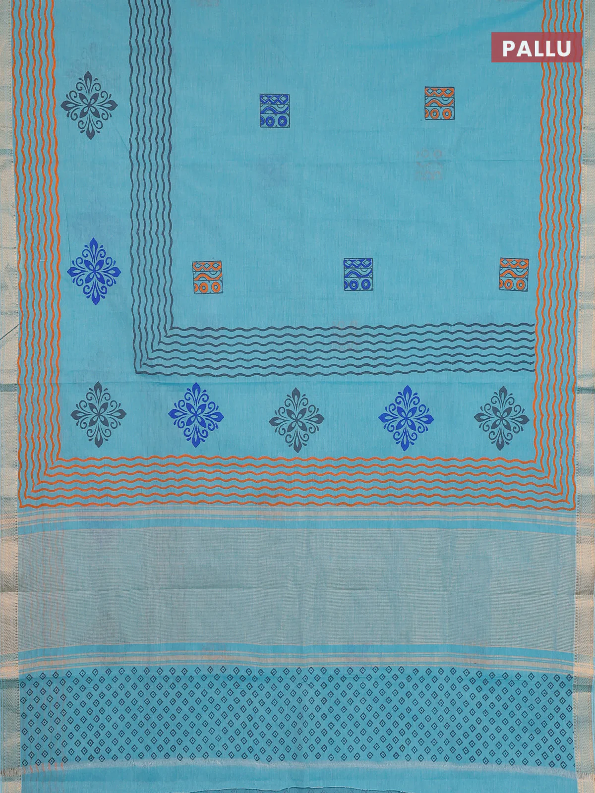 Mangalagiri cotton block printed saree teal blue with butta prints and mangalgiri border - Image 3