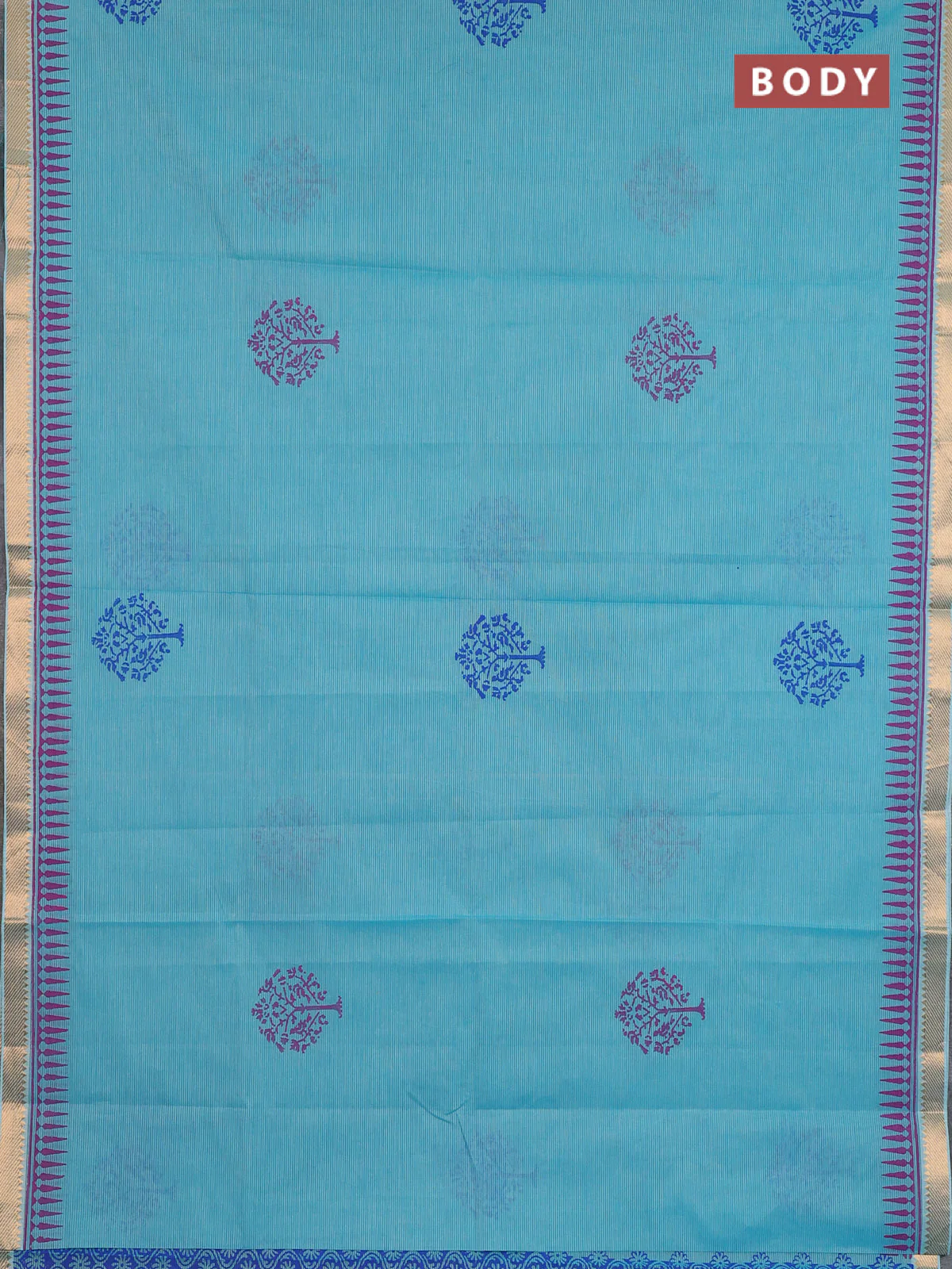 Mangalagiri cotton block printed saree teal blue with butta prints and mangalgiri border - Image 2