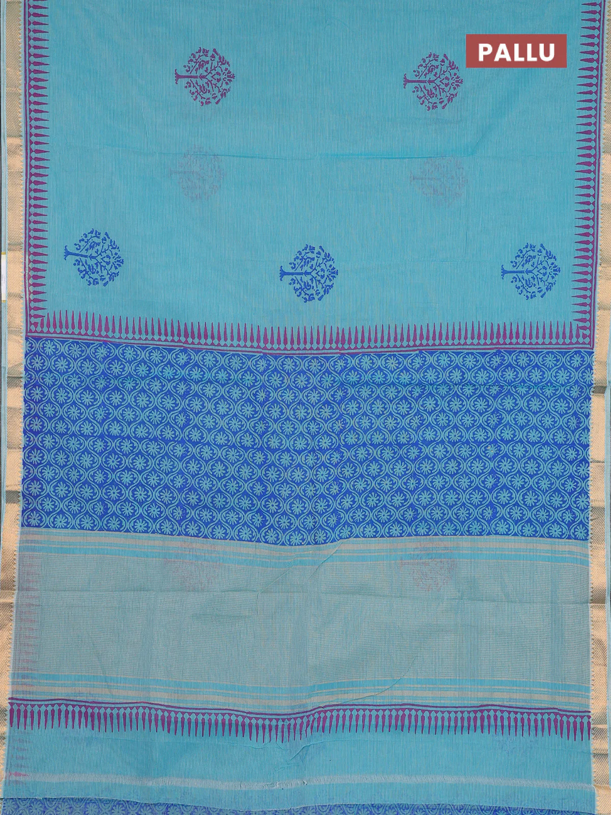 Mangalagiri cotton block printed saree teal blue with butta prints and mangalgiri border - Image 3