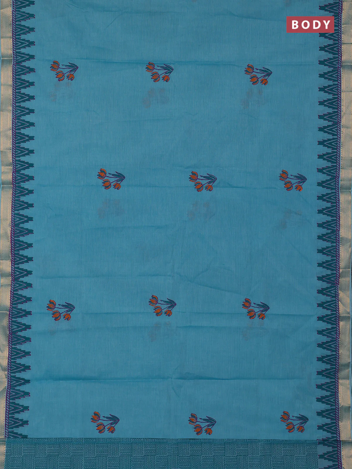 Mangalagiri cotton block printed saree teal blue with floral butta prints and mangalgiri border - Image 2