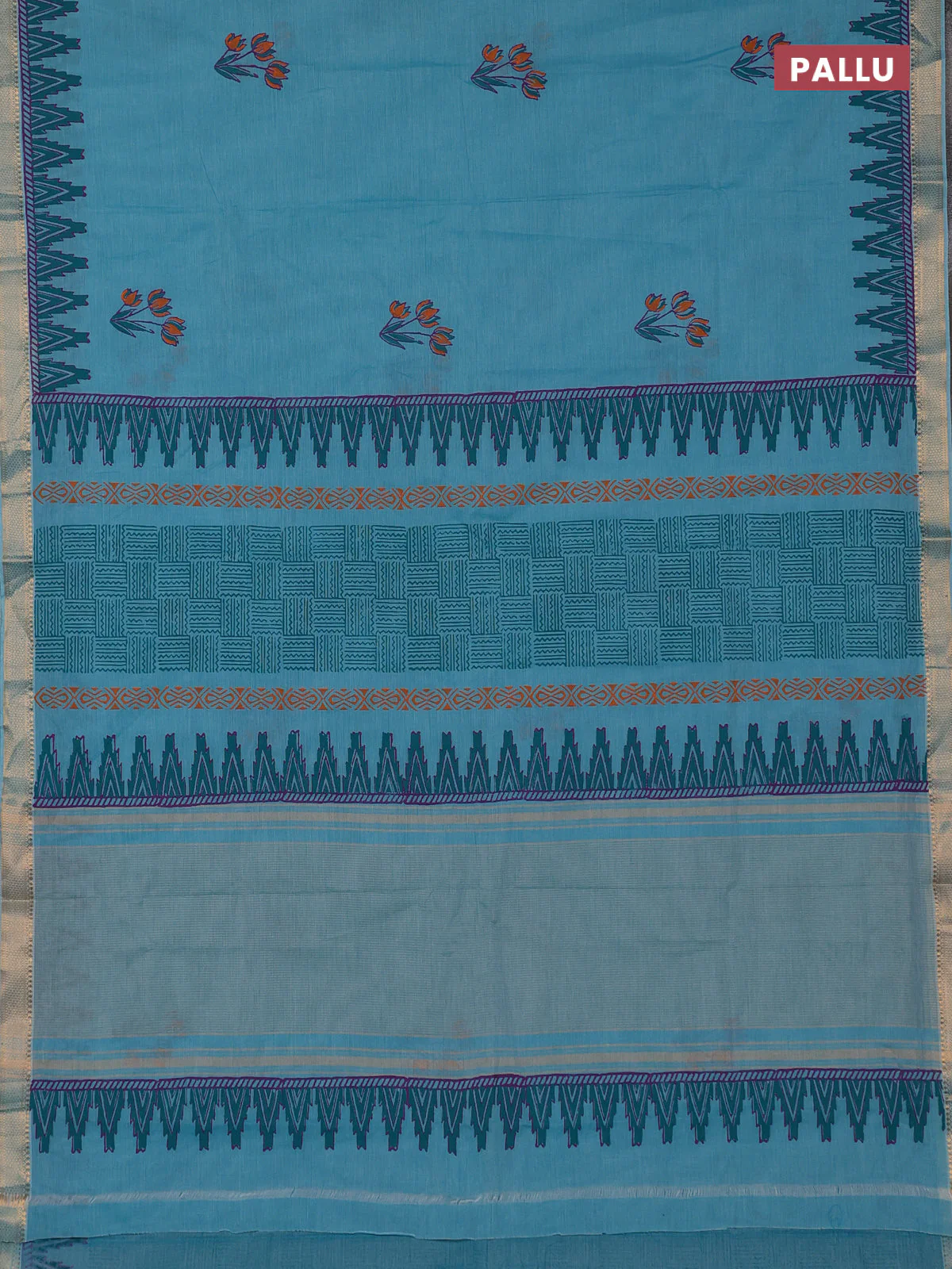 Mangalagiri cotton block printed saree teal blue with floral butta prints and mangalgiri border - Image 3
