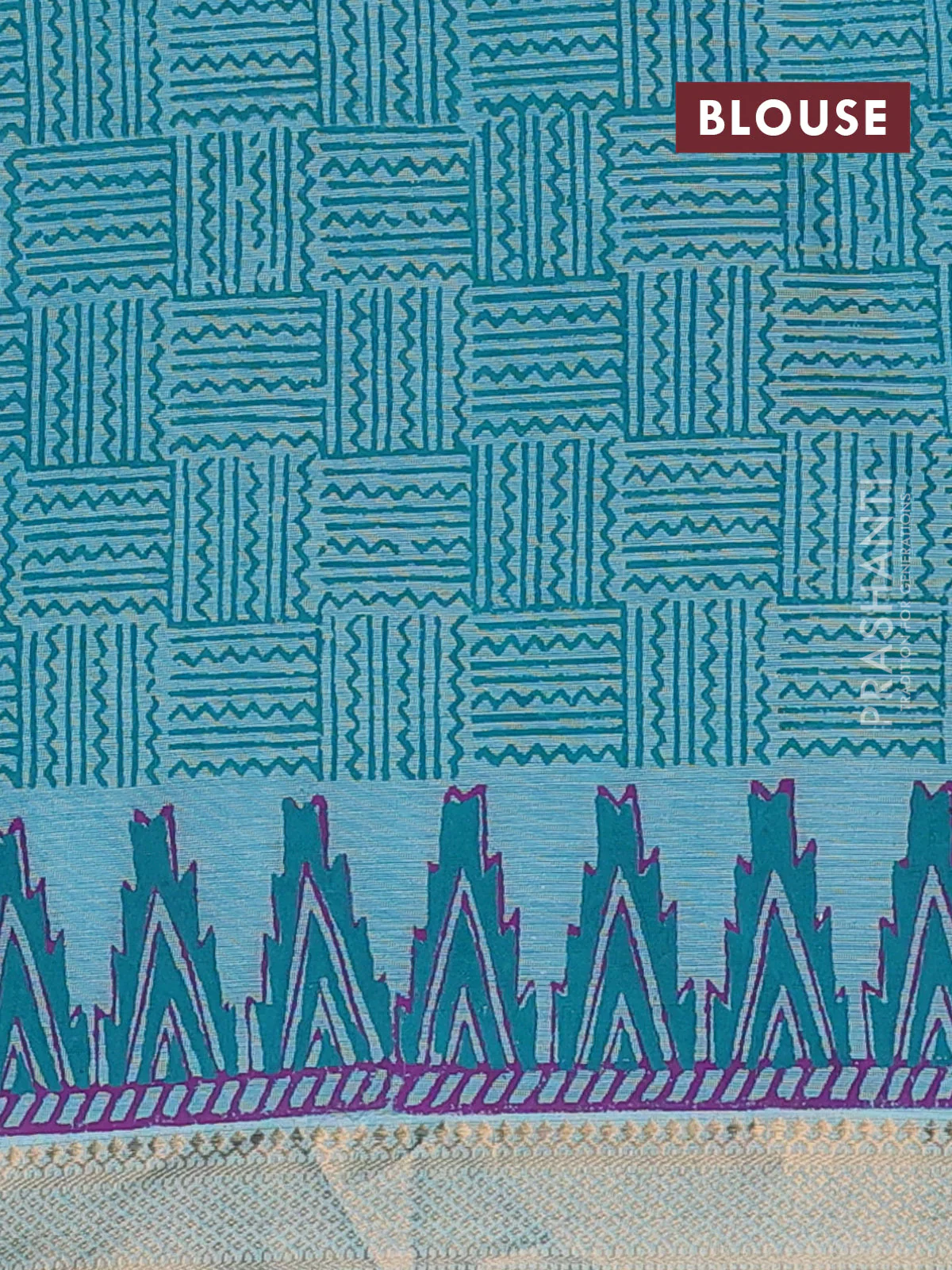 Mangalagiri cotton block printed saree teal blue with floral butta prints and mangalgiri border - Image 4