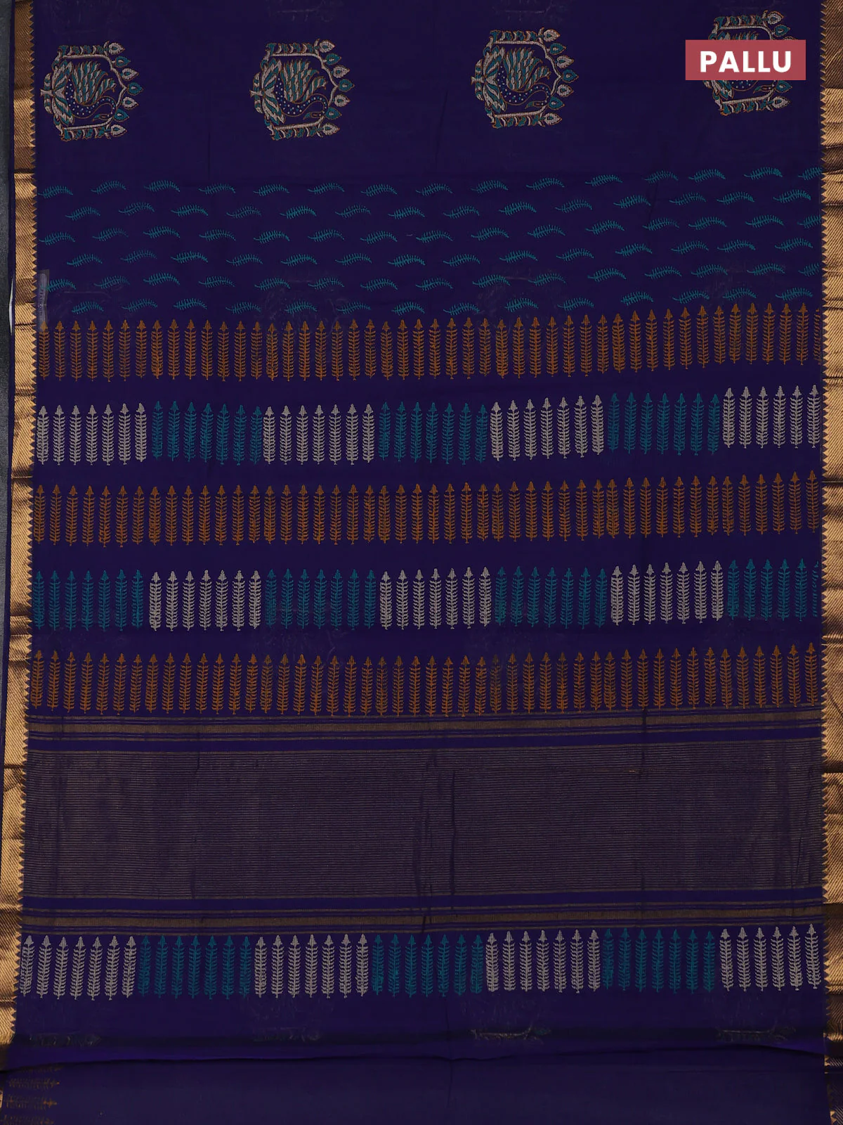 Mangalagiri cotton block printed saree violet with allover butta prints and mangalgiri border - Image 3