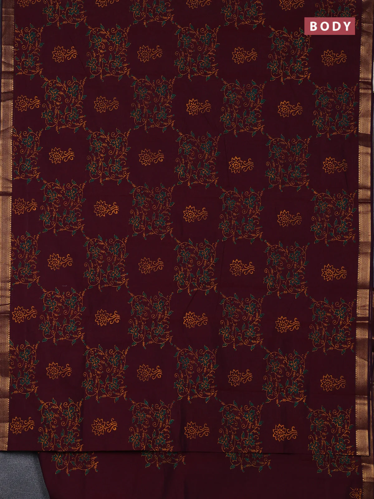 Mangalagiri cotton block printed saree wine shade with allover prints and mangalgiri border - Image 2